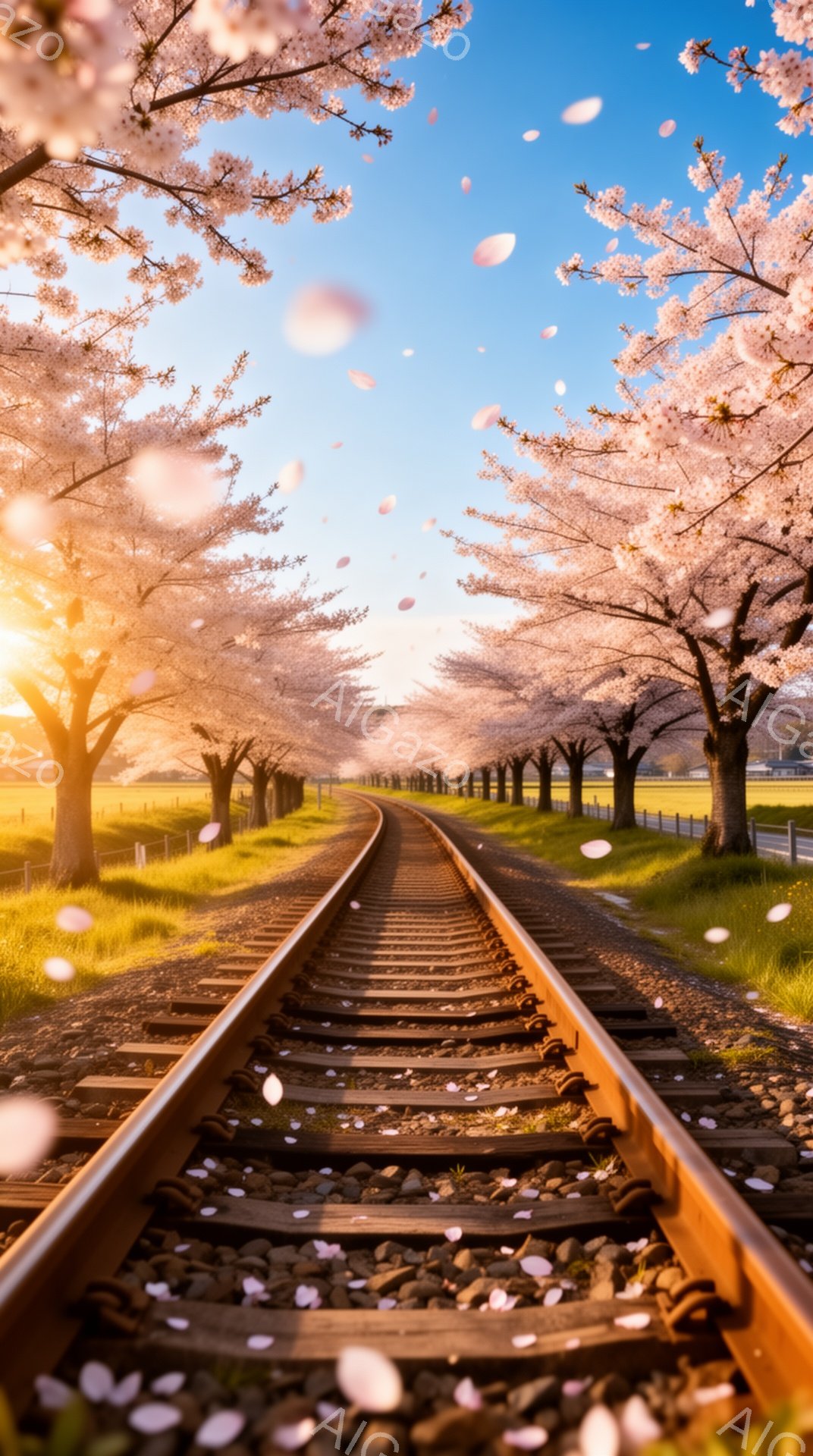 鉄道線路が桜並木の中をまっすぐに伸びており、散り始めた桜の花びらが線路や地面に舞い散っている美しい風景です。空は晴れ渡り、夕焼けのような暖かな光が桜並木を照らし、春の穏やかで幻想的な雰囲気を醸し出して - AI生成フリー素材