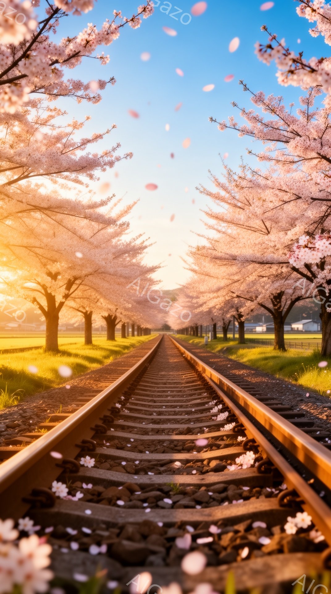 線路が桜並木の中をまっすぐに伸びており、地面や線路の上に散り積もった桜の花びらが春の訪れを告げている。背景には緑の草地と遠くに見える建物があり、空は穏やかなオレンジ色と青色が混ざり合い、幻想的な雰囲気 - AI生成フリー素材