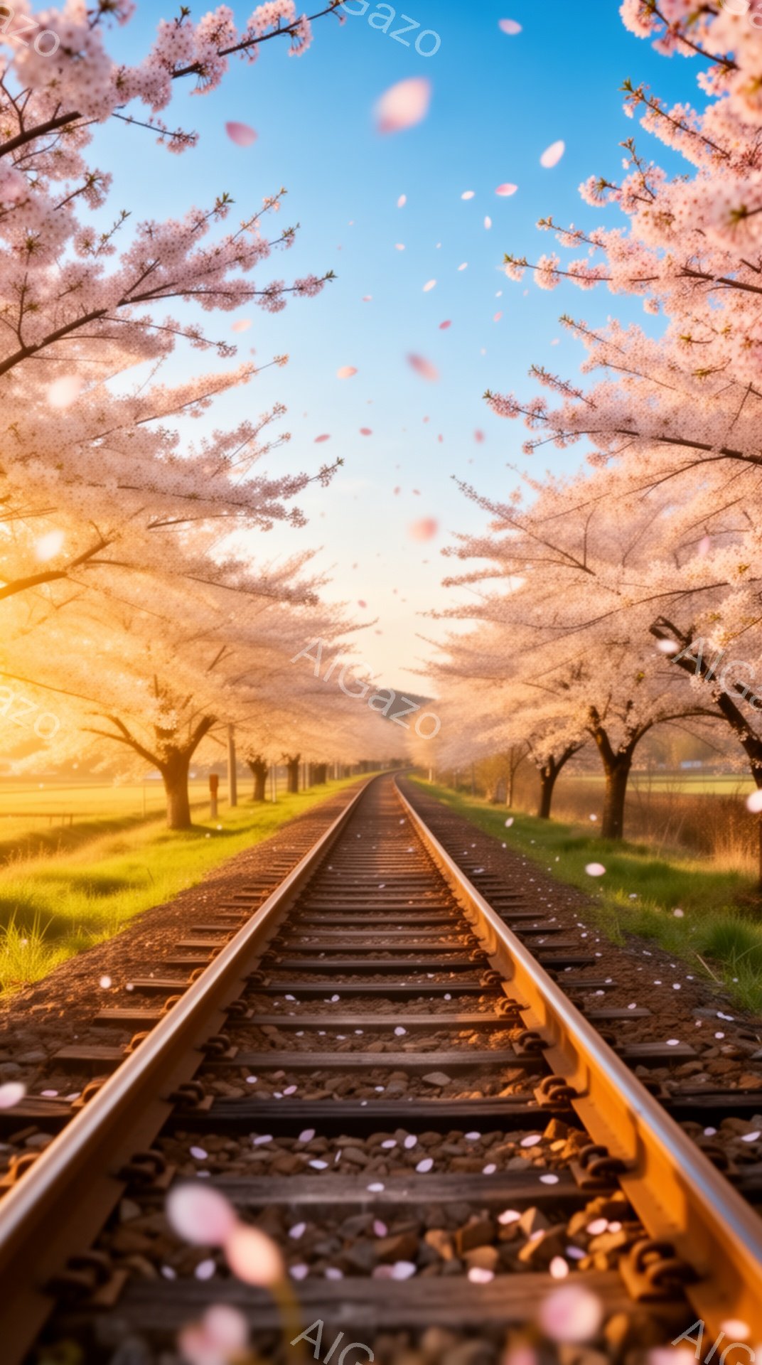 鉄道線路が咲き誇る桜並木の中をまっすぐに伸びています。桜の花びらが舞い散り、線路と草原を覆い、夕焼けのような暖かく優しい光が全体を包み込みます。春の訪れを感じさせる、幻想的で美しい情景です。 - AI生成フリー素材