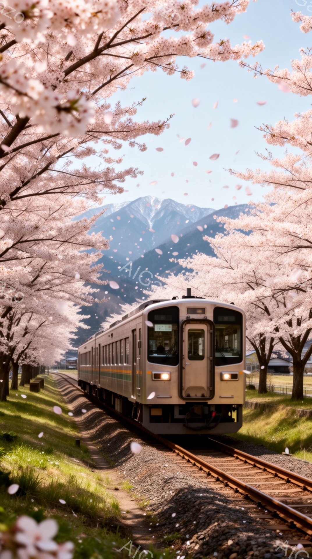 桜並木の中を電車が走っている風景です。満開の桜の花びらが舞い散り、鉄道線路と背景の山々を淡いピンク色に染めています。春の穏やかさと旅情を感じさせる、美しい情景です。 - AI生成フリー素材