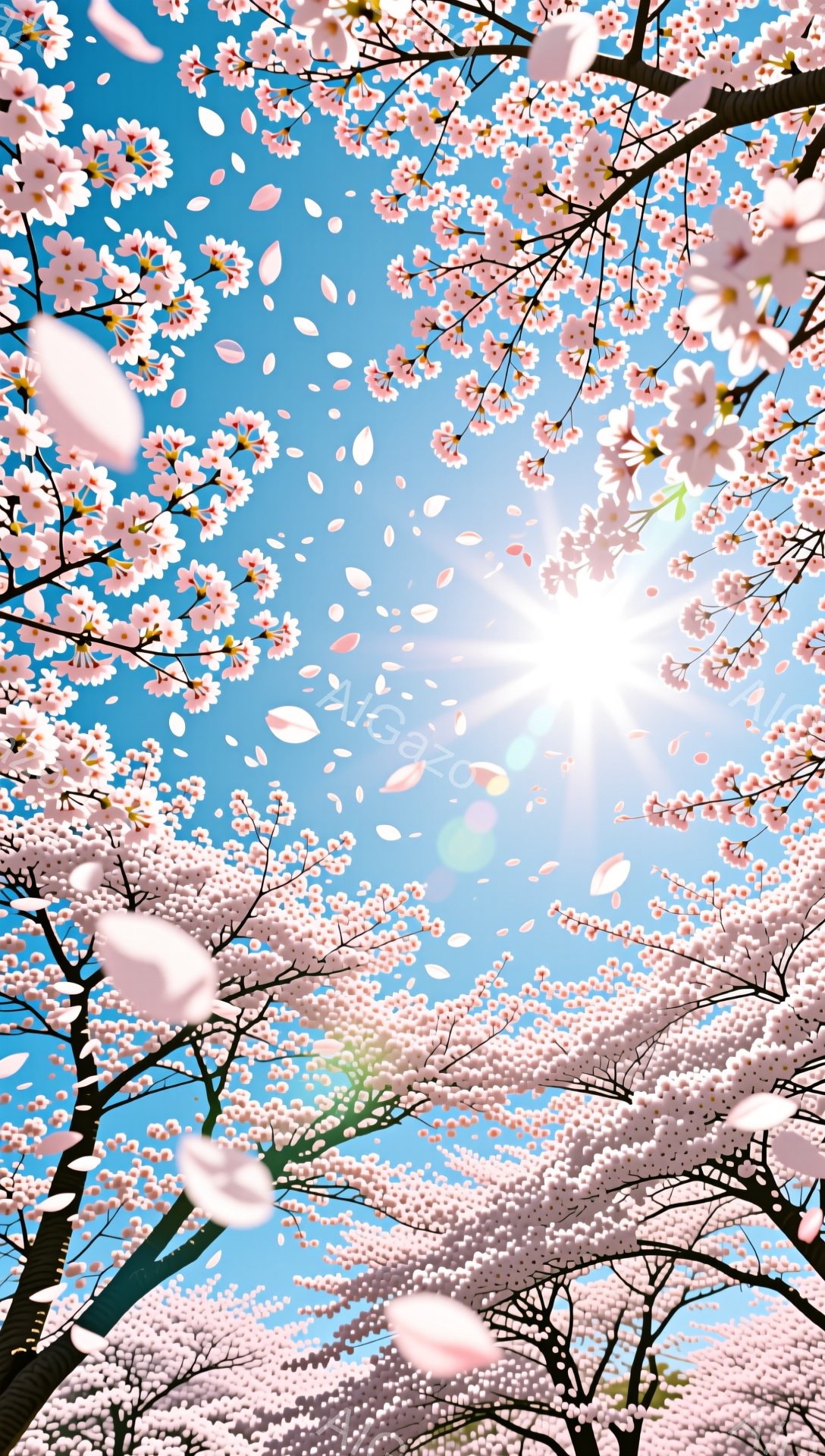 満開の桜が空を覆い尽くし、花びらが舞い散る美しい風景です。背景には鮮やかな青空が広がり、太陽の光が桜の花びらを照らし出しています。全体的に暖かく、幻想的な雰囲気で、春の訪れを感じさせます。 - AI生成フリー素材