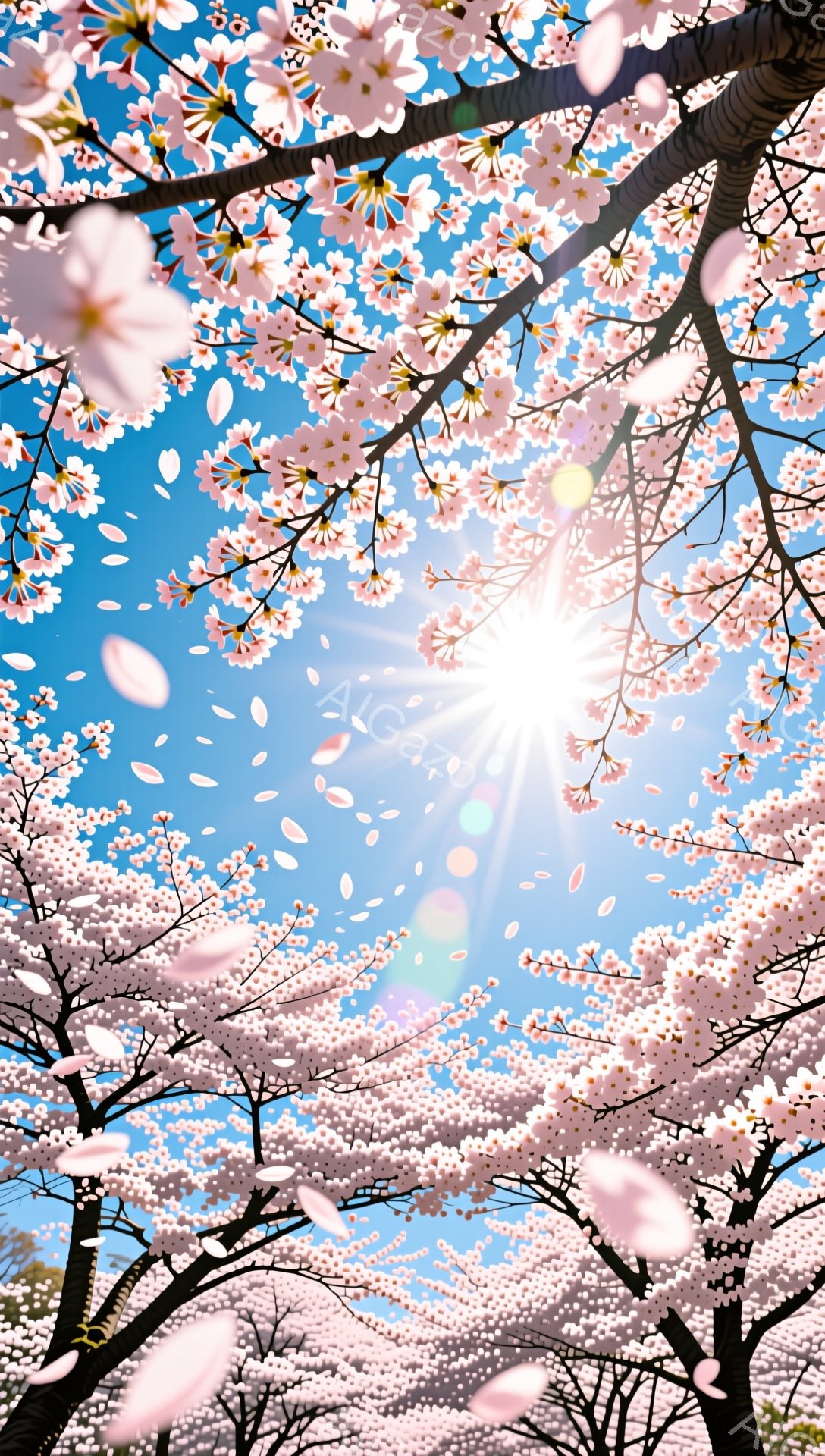 満開の桜が空を覆い尽くし、ピンク色の花びらが舞い散っている美しい風景です。太陽が燦々と輝き、空は青く澄み渡り、春の暖かさと希望に満ちた雰囲気が漂っています。花びらが舞い上がる様子は、まるで夢の中にいる - AI生成フリー素材