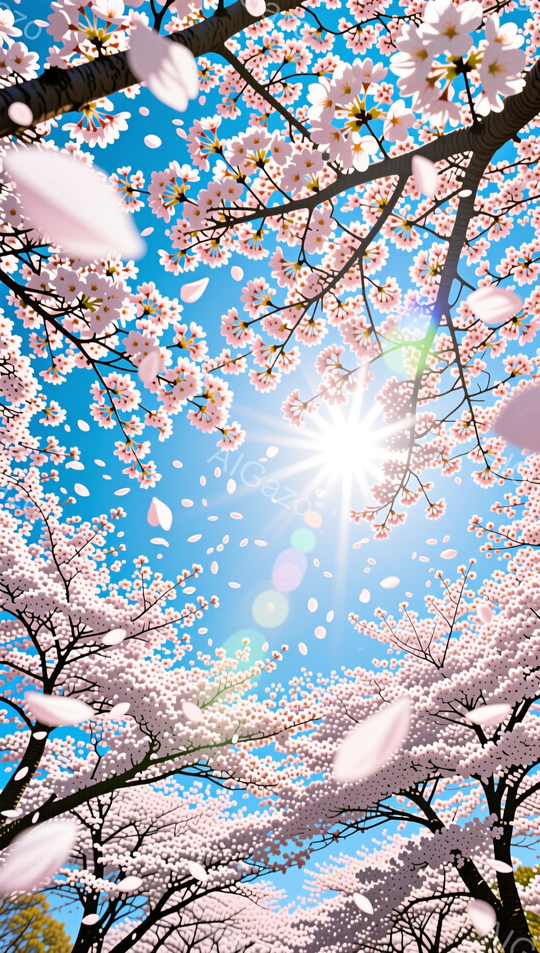 満開の桜が空を覆い尽くし、花びらが舞い散る様子が捉えられています。青空を背景に、太陽が輝き、春の暖かさと穏やかな雰囲気を演出しています。枝ぶりは力強く、自然の美しさが際立っています。 - AI生成フリー素材