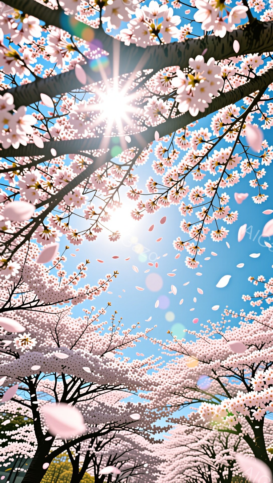 満開の桜が空を覆い尽くし、花びらが舞い散る美しい風景です。鮮やかな青空と桜のピンク色が対照的で、春の暖かさと生命力を感じさせます。光の粒子が桜並木をより幻想的に演出し、穏やかで希望に満ちた雰囲気を醸し - AI生成フリー素材