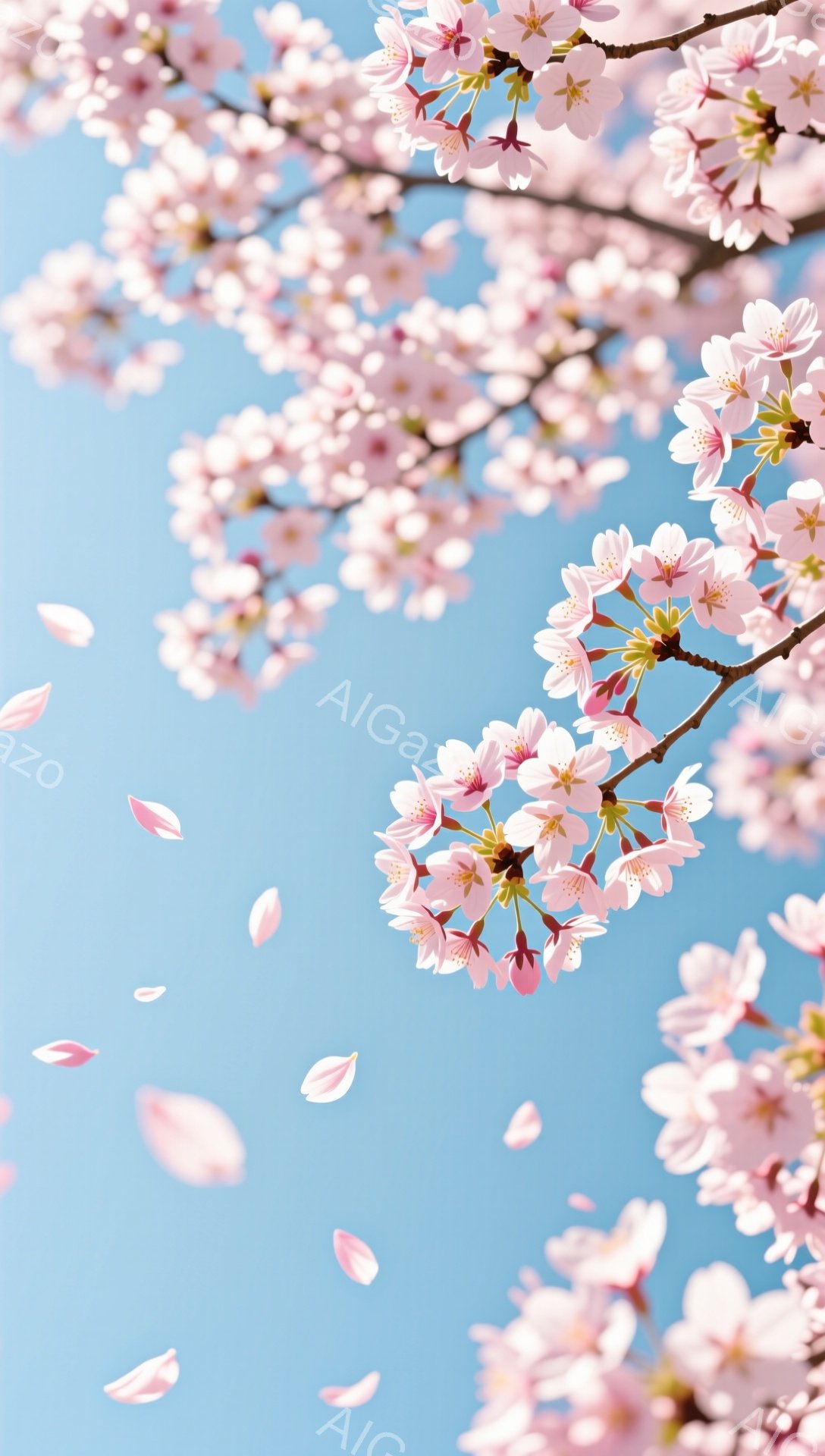満開の桜が空を背景に咲き誇り、花びらが舞い散っている様子が捉えられています。 青い空が桜の淡いピンク色を引き立て、春の穏やかで優しい雰囲気を醸し出しています。 花びらの儚さの中に、生命の力強さが感じら - AI生成フリー素材