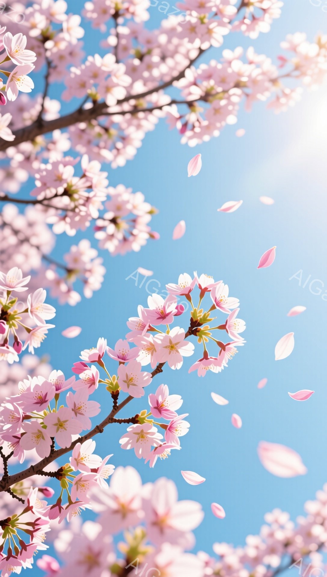 桜の花が咲き乱れ、空には花びらが舞い散っている様子が描かれています。青空を背景に、ピンク色の桜が鮮やかに映え、春の暖かさと生命力を感じさせます。全体的に明るく、穏やかな雰囲気が漂っています。 - AI生成フリー素材