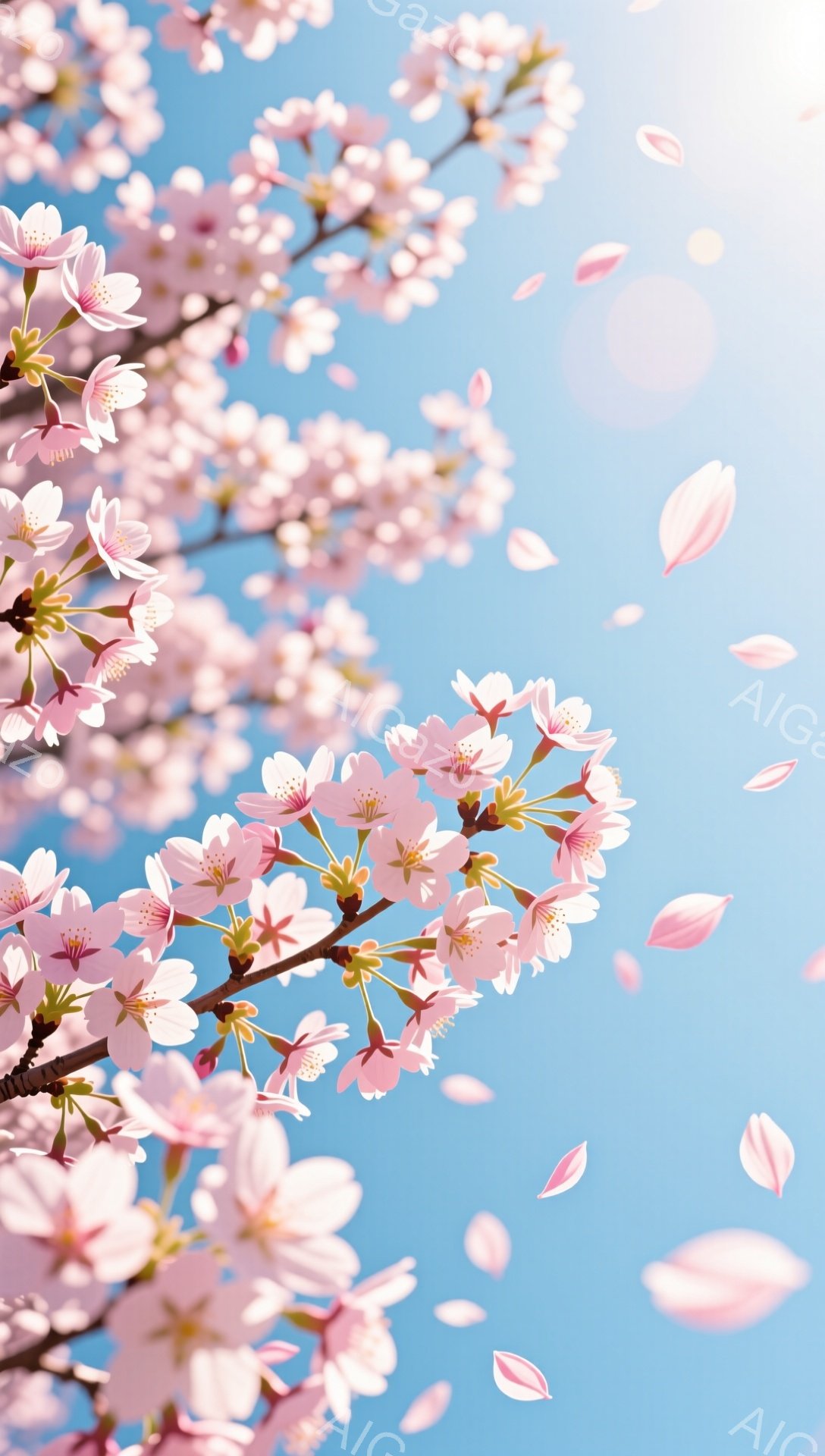 鮮やかな青空を背景に、満開の桜の花が咲き乱れている様子が描かれています。花びらは風に舞い、春の暖かさと儚さを感じさせます。全体的に明るく、希望に満ちた雰囲気です。 - AI生成フリー素材