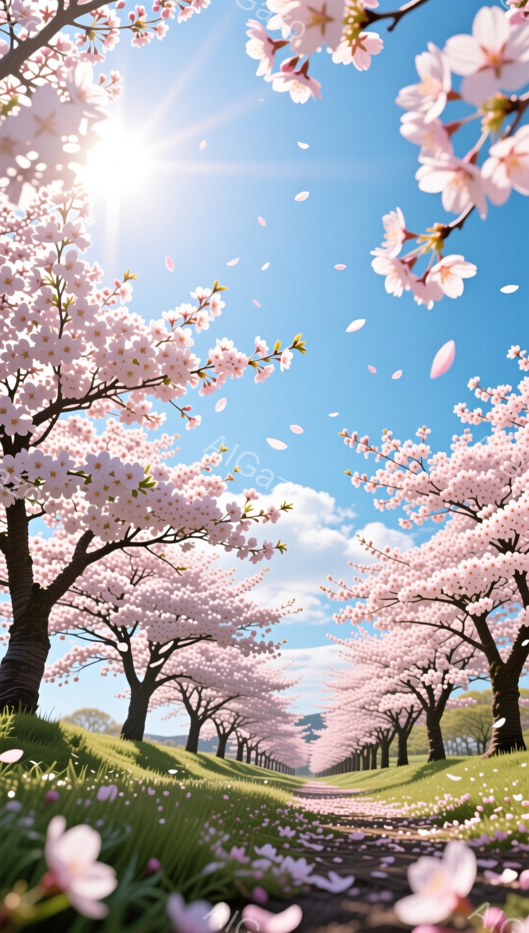 桜並木が続く道が、青空と白い雲の下に広がっている。ピンク色の桜の花びらが舞い散り、緑の草原には白い花が点在し、春の穏やかで幻想的な雰囲気を醸し出している。太陽の光が差し込み、暖かく明るい一日を示唆して - AI生成フリー素材