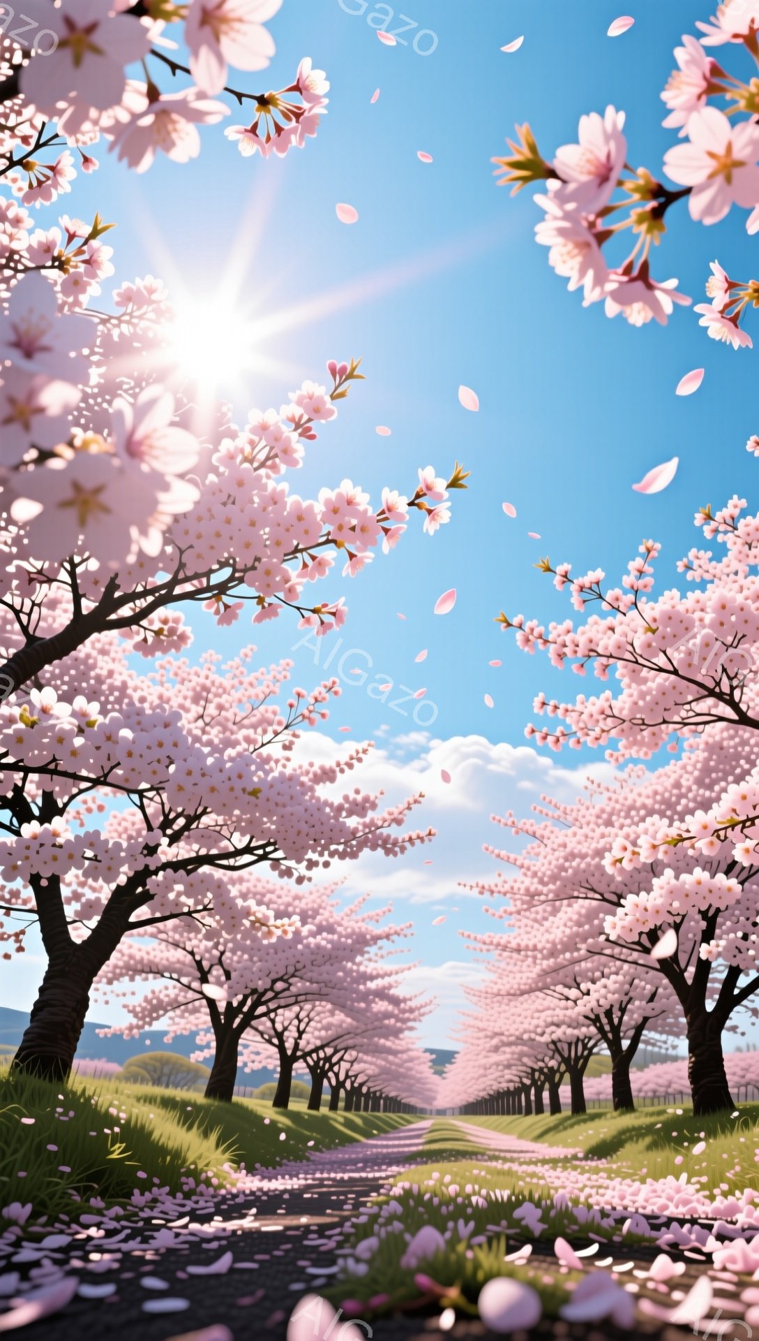 桜並木が続く道が描かれており、満開の桜の花びらが舞い散っている。青空と白い雲が背景に広がり、春の暖かさと穏やかな雰囲気を醸し出している。鮮やかなピンク色の桜と緑の芝生がコントラストを描き、視覚的に美し - AI生成フリー素材