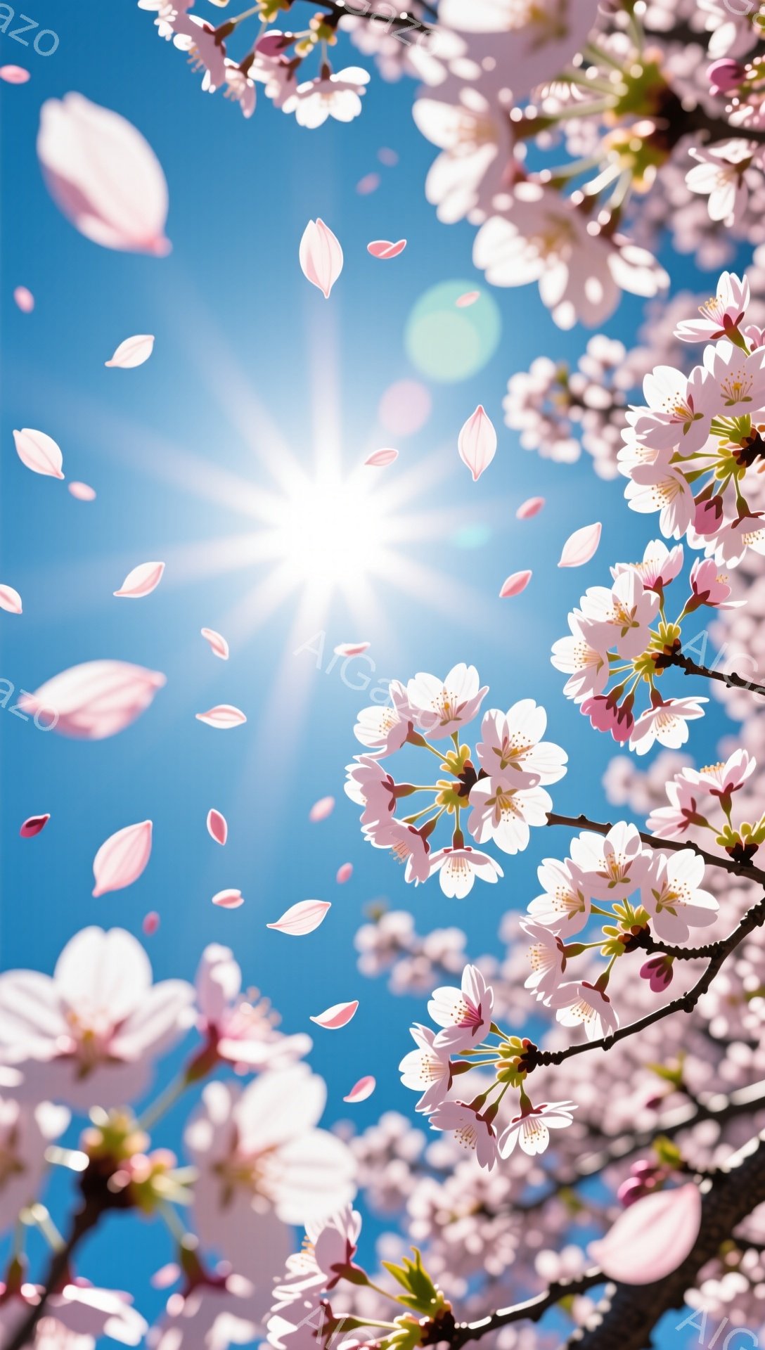 鮮やかな青空を背景に、桜の花びらが舞い散る様子が捉えられています。桜の花は満開で、ピンク色の花弁が太陽の光に照らされ、とても美しく、春の暖かさを感じさせます。背景には何も建物はなく、自然の美しさが際立 - AI生成フリー素材