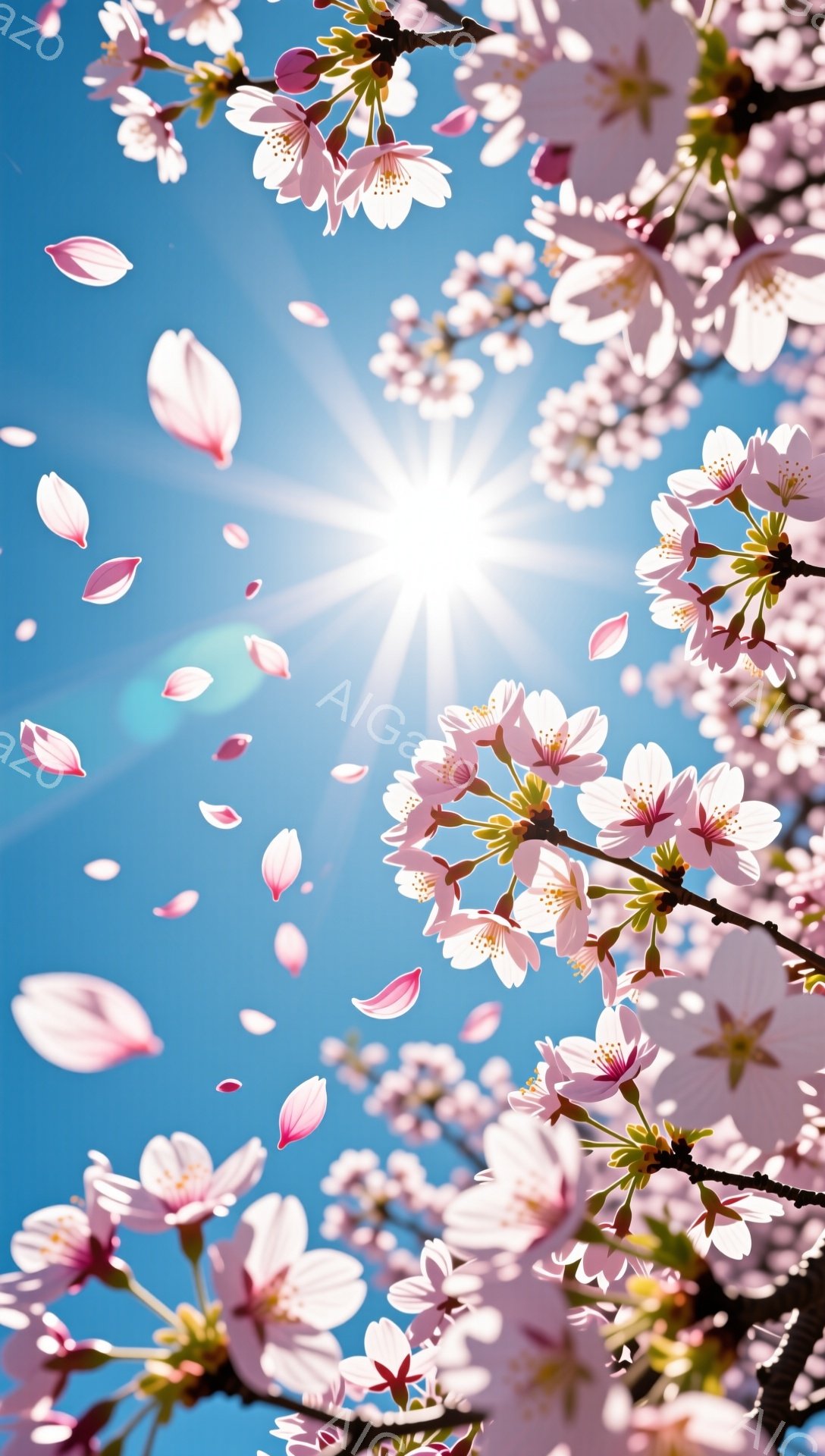 満開の桜が空いっぱいに咲き誇り、花びらが風に舞っている様子が捉えられています。太陽が強く輝き、青空を背景に春の暖かさと儚さを表現しています。全体的に明るく、希望に満ちた雰囲気です。 - AI生成フリー素材