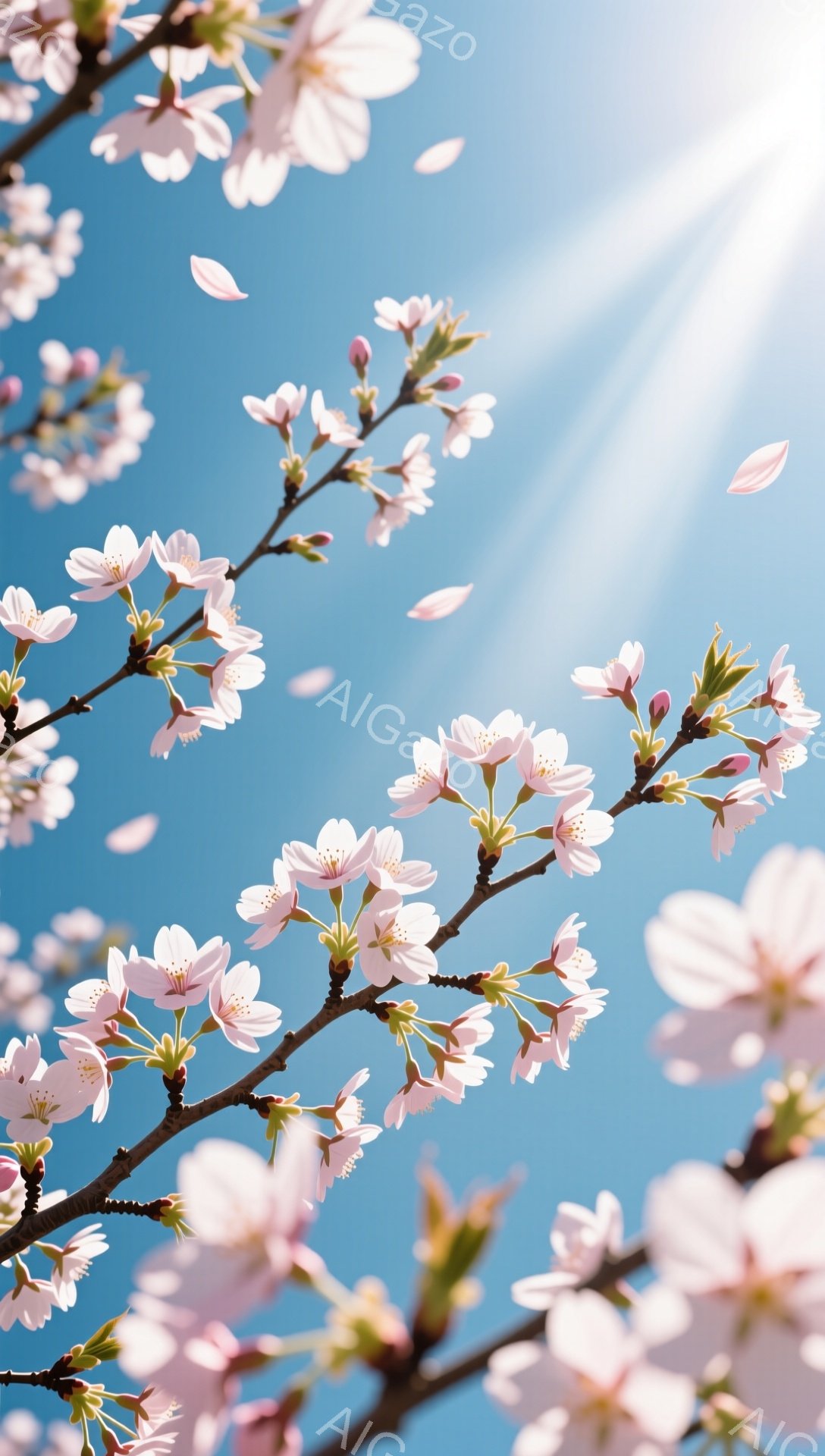 桜の花が咲き誇る枝が、鮮やかな青空を背景に大きく写っている。花びらが舞い散り、春の暖かさと儚さを感じさせる美しい光景だ。強い日差しが花びらを照らし、生き生きとしたピンク色が際立っている。 - AI生成フリー素材