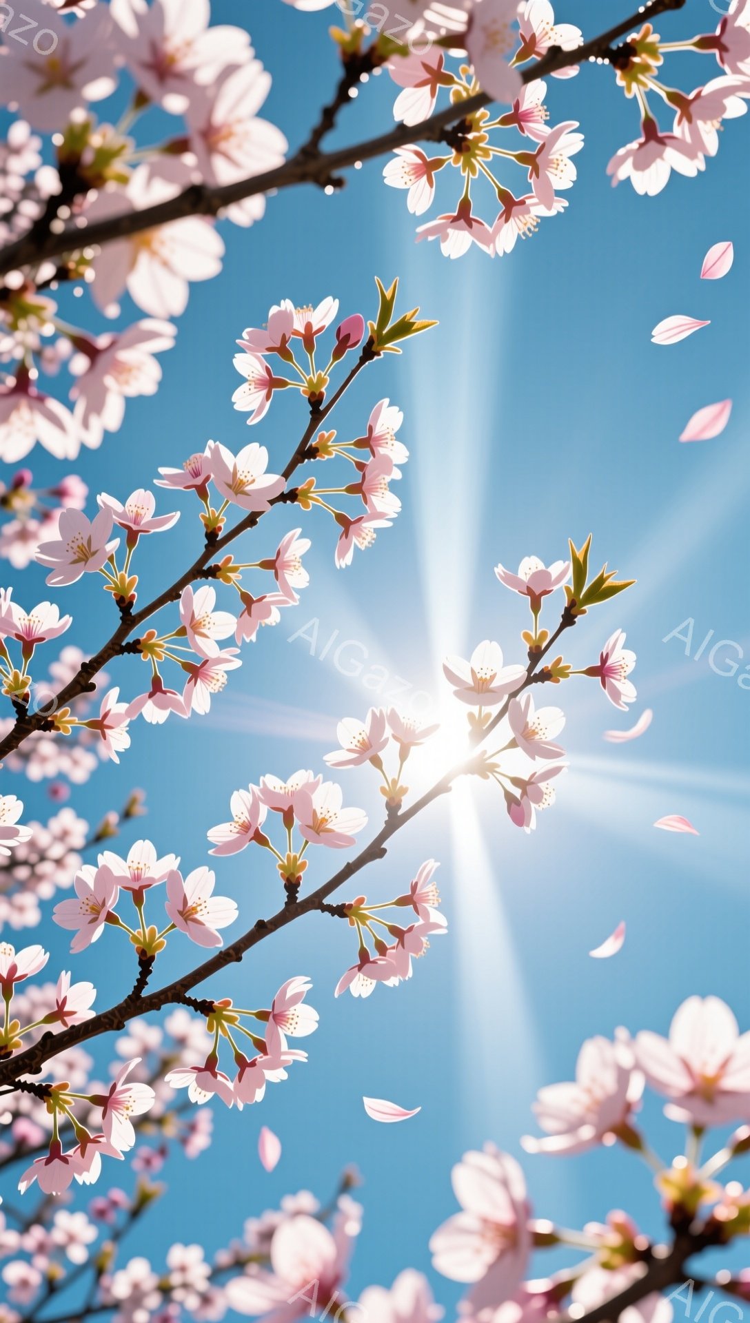 桜の枝が青空を背景に咲き乱れ、太陽が眩しく輝いている様子が捉えられています。舞い散る花びらが春の穏やかさと儚さを表現し、希望に満ちた暖かい雰囲気を醸し出しています。新緑の葉もわずかに見え、生命力と季節 - AI生成フリー素材