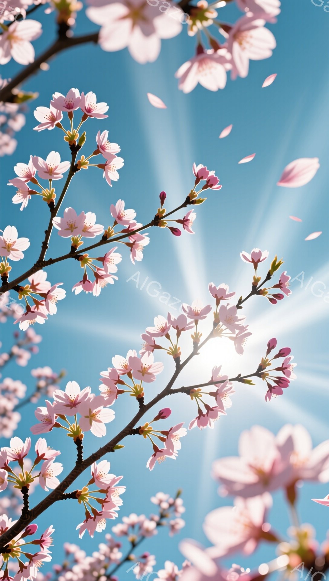 鮮やかな青空の下、桜の枝が広がり、淡いピンク色の花が咲き誇っています。太陽の光が強く、花びらが舞い散る様子が捉えられ、春の暖かさと生命力を感じさせます。背景は明るい空で、春の訪れを象徴する穏やかで美し - AI生成フリー素材