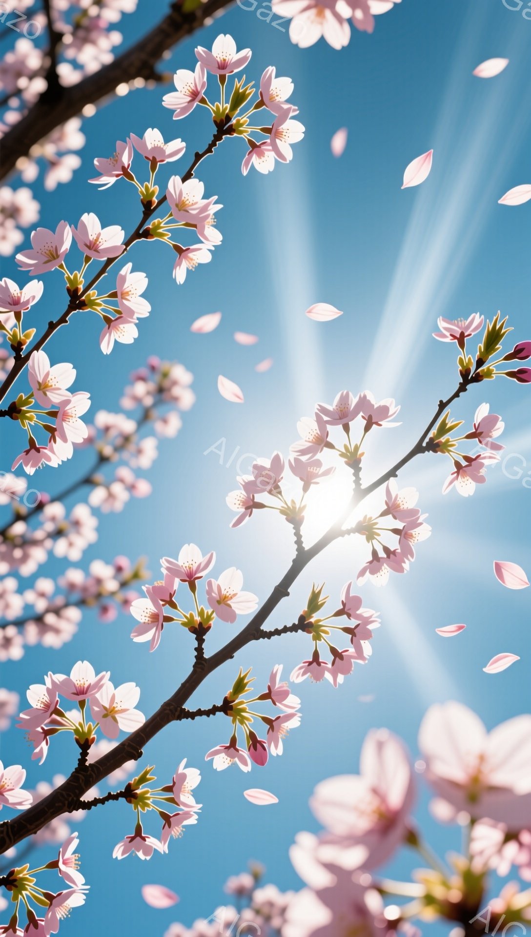 鮮やかな青空を背景に、桜の花が咲き誇る様子が捉えられています。ピンク色の桜の花びらが空中に舞い散り、春の暖かさと儚さを感じさせます。強い日差しが桜の花を照らし、より一層美しいコントラストを生み出してい - AI生成フリー素材