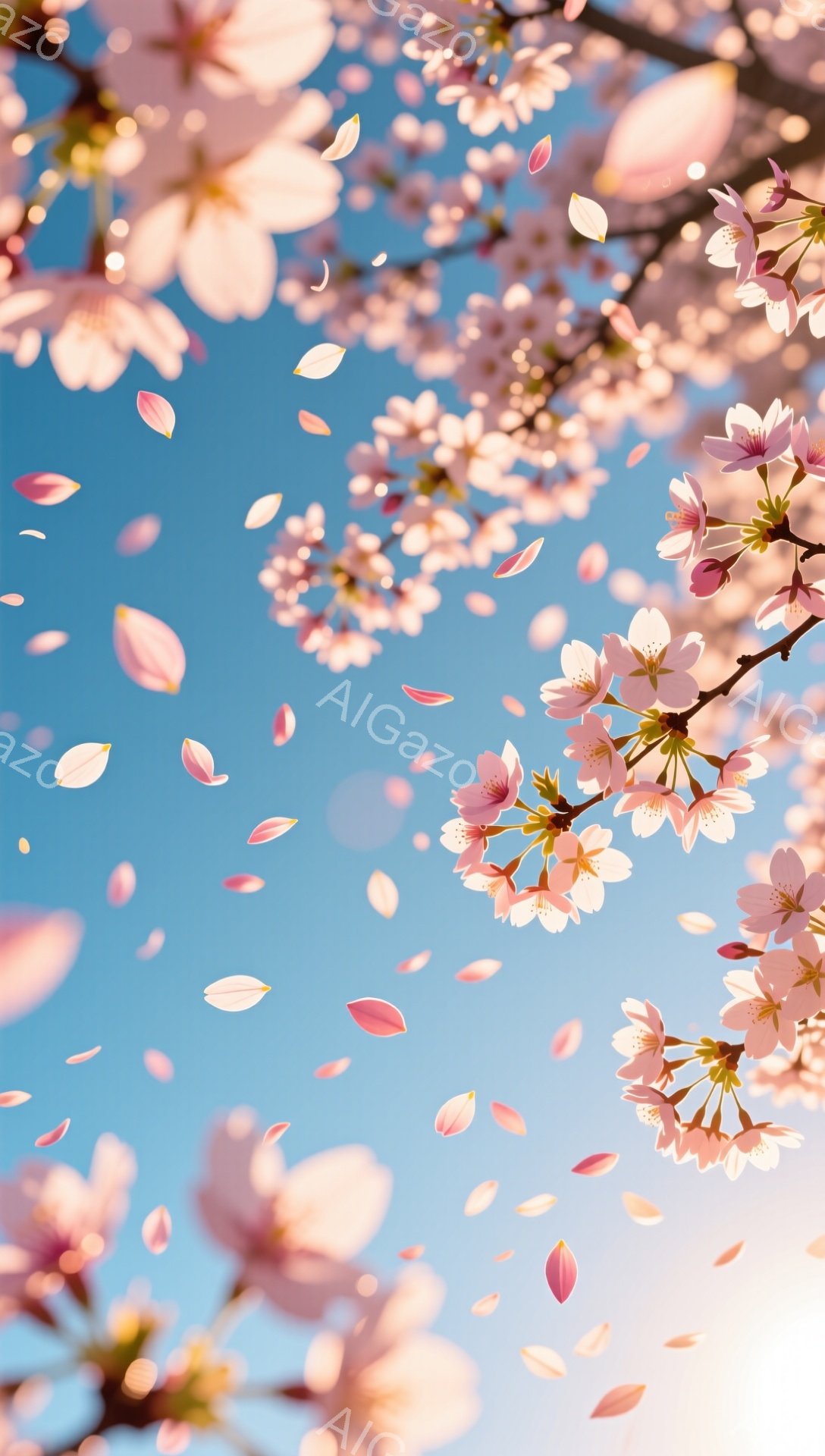 青空を背景に、桜の花びらが舞い散る様子が捉えられています。枝にはピンク色の可憐な桜の花が咲き乱れ、まるで春の息吹を感じさせる美しい光景です。光の加減で花びらが輝き、希望に満ちた穏やかな雰囲気を醸し出し - AI生成フリー素材