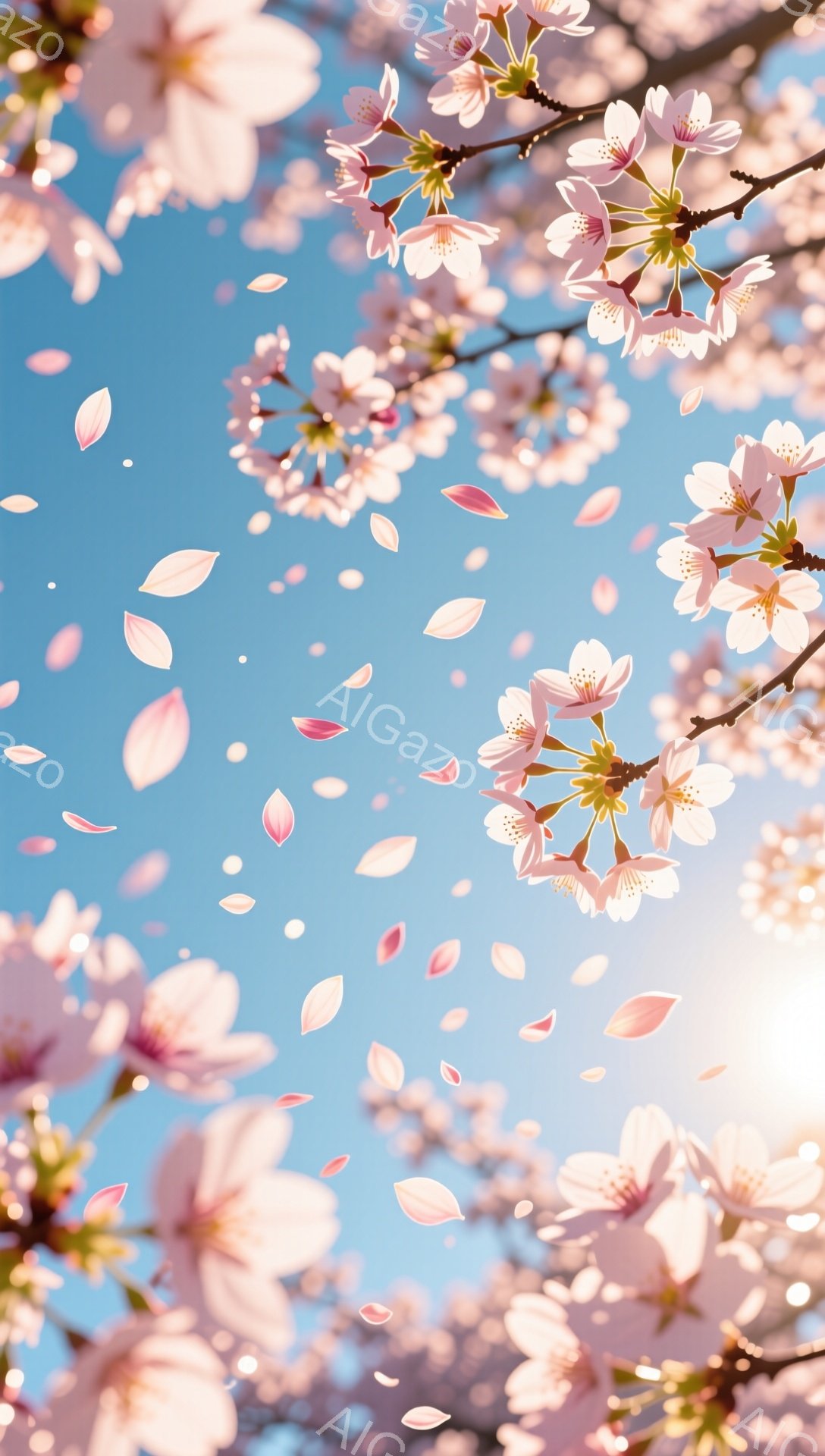 空には、桜の花びらが舞い散り、まるでピンク色の雪のようである。太陽の光が花びらを照らし、明るく暖かい春の雰囲気を醸し出している。背景は鮮やかな青空で、桜のピンク色とのコントラストが美しい。