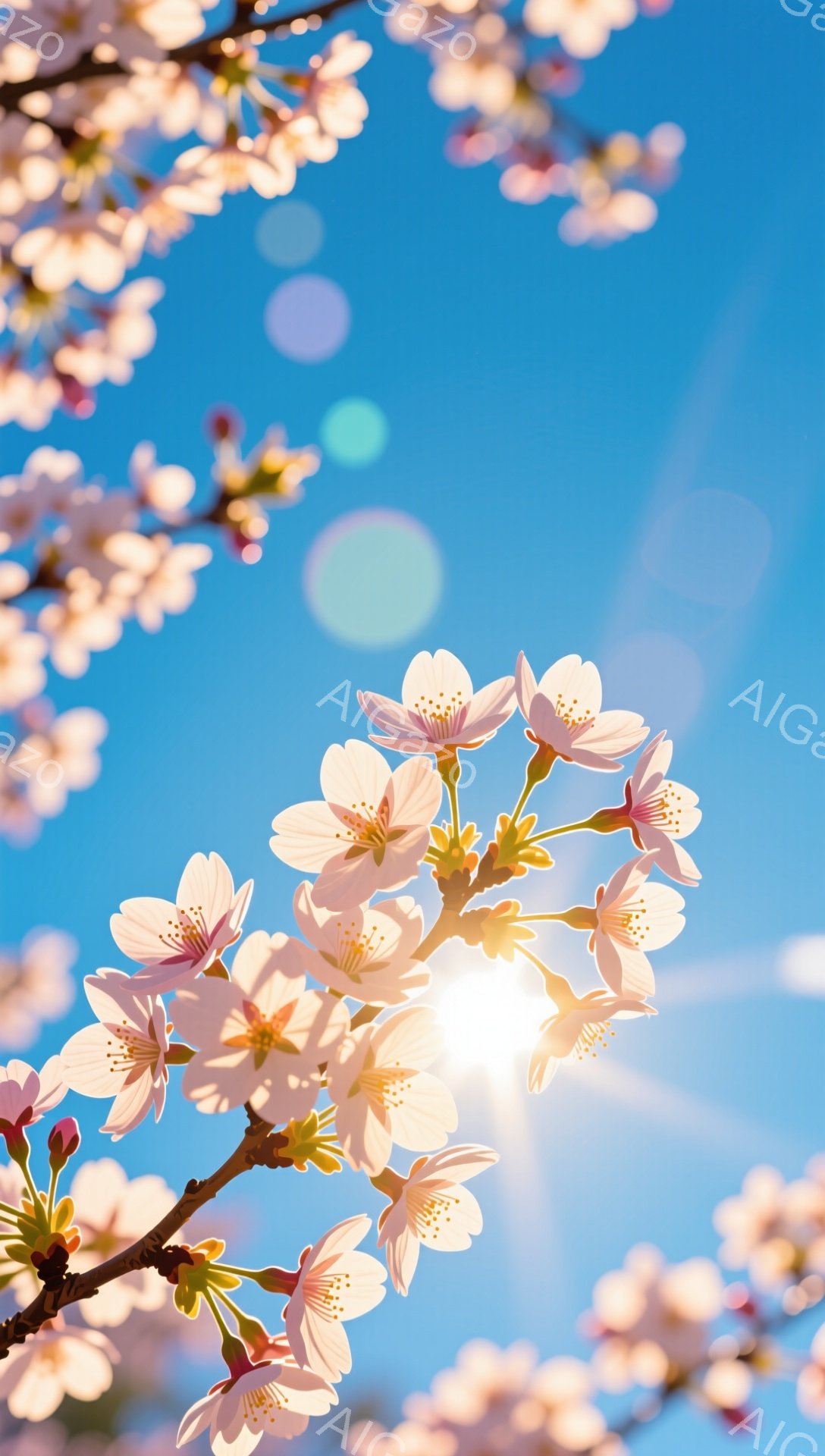 鮮やかな青空を背景に、桜の花が咲き乱れている様子が写っている。太陽が桜の合間から輝き、花びらに光が差し込んでいる。全体的に暖かく、春の訪れを感じさせる穏やかな雰囲気である。 - AI生成フリー素材