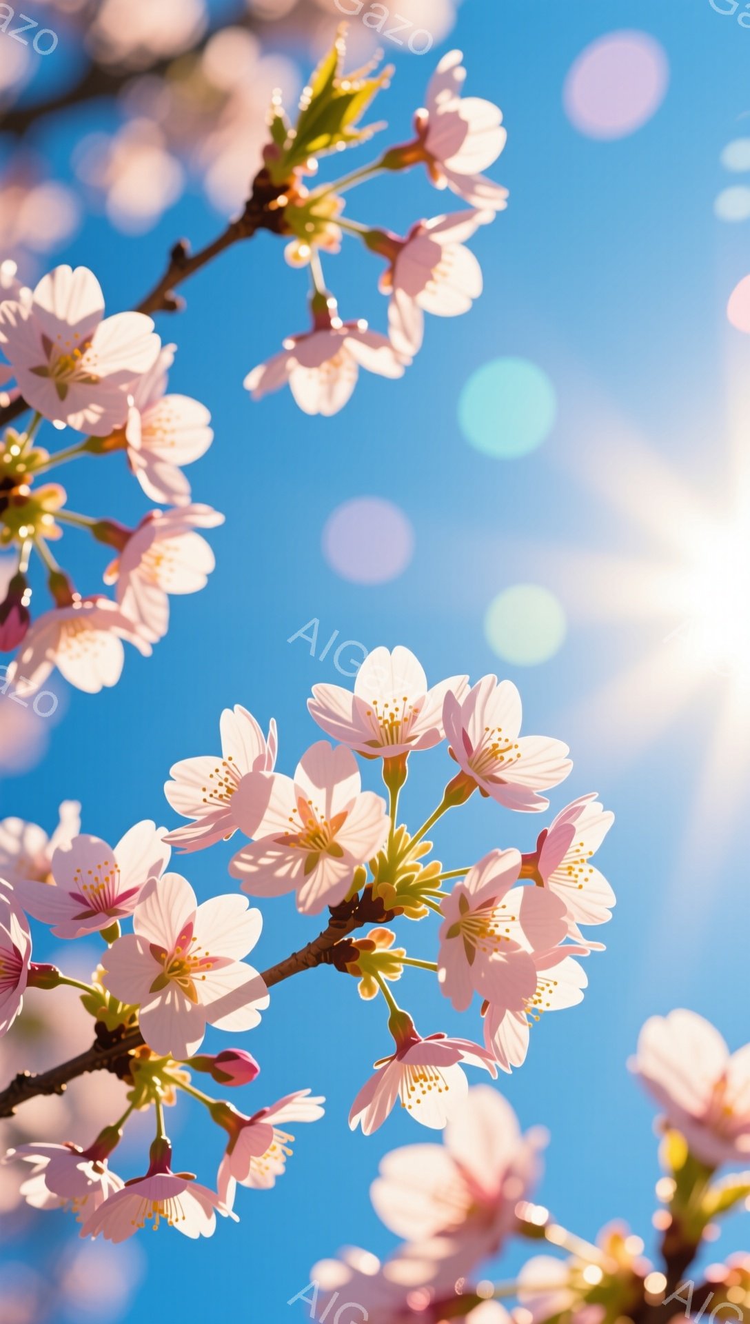 空は鮮やかな青色で、太陽が明るく輝いています。桜の枝が画面いっぱいに広がり、ピンク色の花びらが咲き誇り、春の訪れを感じさせます。背景の青空と桜のコントラストが美しく、希望に満ちた穏やかな雰囲気を醸し出 - AI生成フリー素材