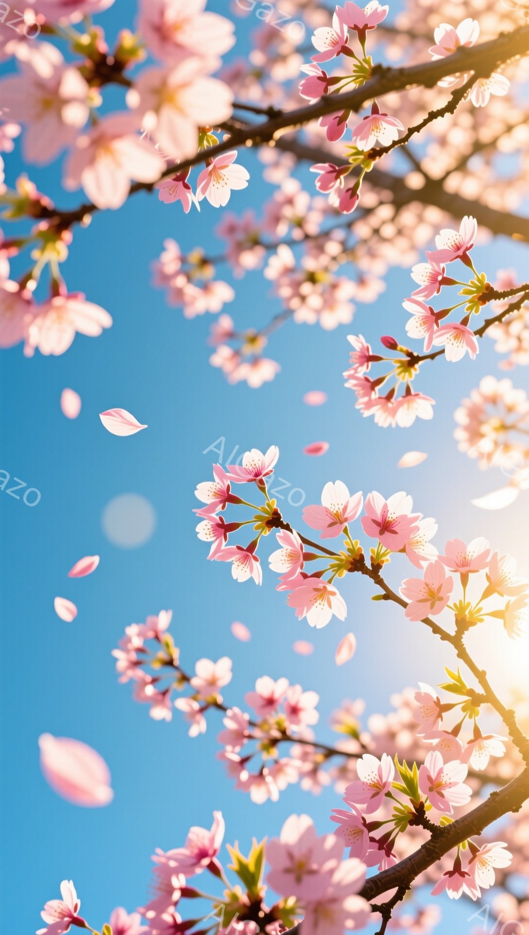 鮮やかな青空を背景に、桜の花びらが舞い散る様子が捉えられています。ピンク色の桜の花は満開で、枝いっぱいに咲き誇り、春の暖かさと儚さを表現しています。太陽の光が花びらを照らし、明るく希望に満ちた雰囲気を醸し出しています。