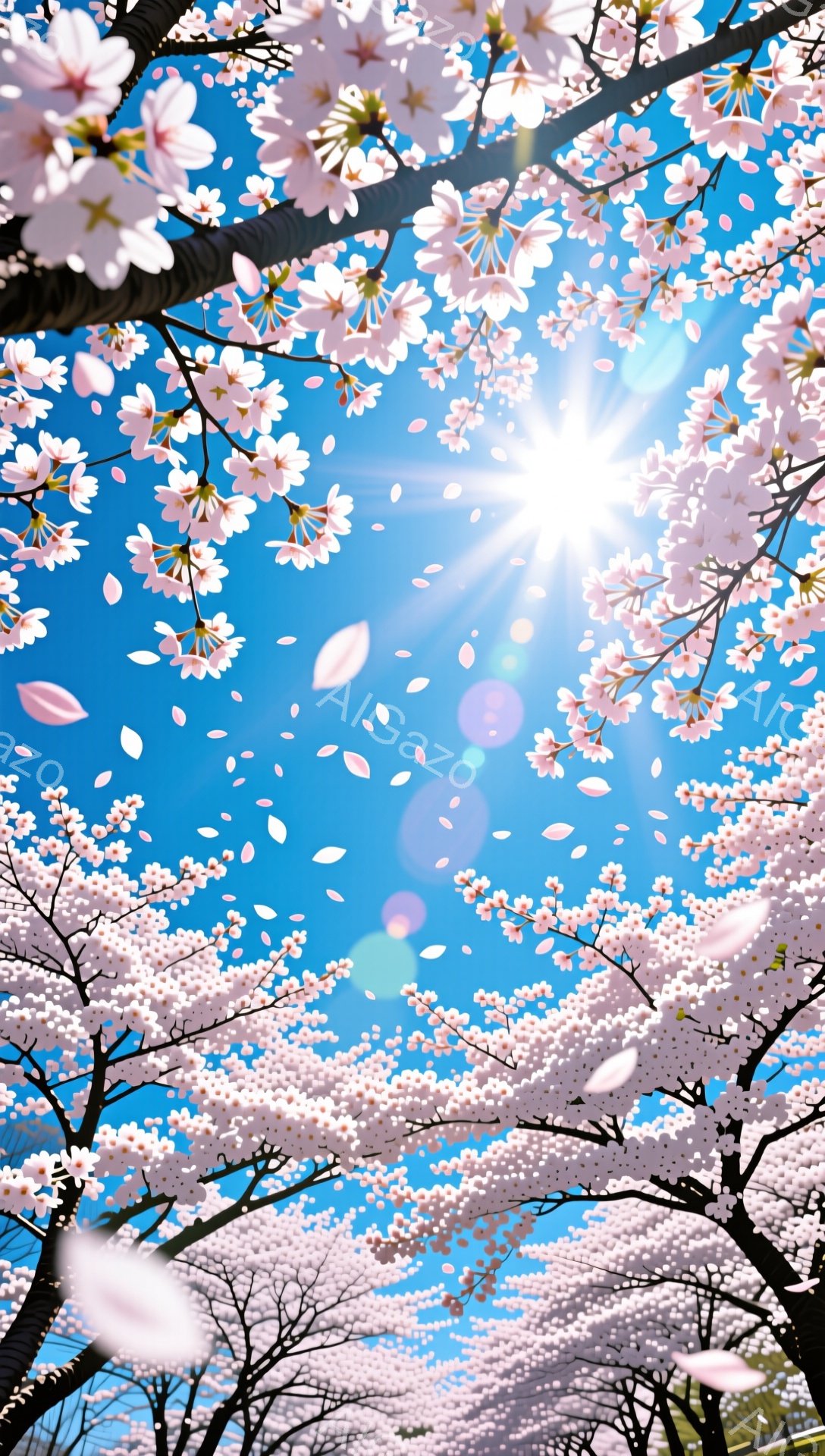 満開の桜が空を埋め尽くし、花びらが舞い散る様子が捉えられています。鮮やかな青空と桜の淡いピンク色が対照的で、春の暖かさと生命力を感じさせます。太陽の光が桜の花びらを照らし、幻想的な雰囲気を醸し出してい - AI生成フリー素材