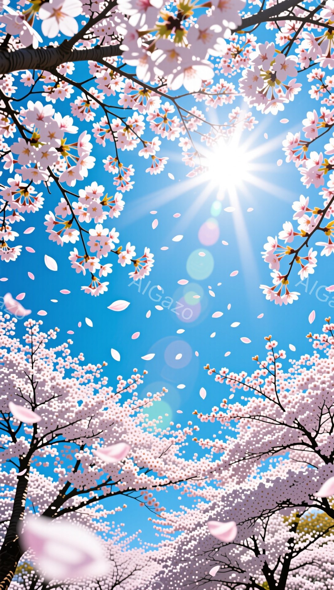 満開の桜が空を覆い尽くし、ピンク色の花びらが舞い散っている様子が印象的です。 太陽の光が花びらを照らし、背景の青空とコントラストをつけて、明るく華やかな雰囲気を醸し出しています。 枝の細部まで丁寧に描 - AI生成フリー素材