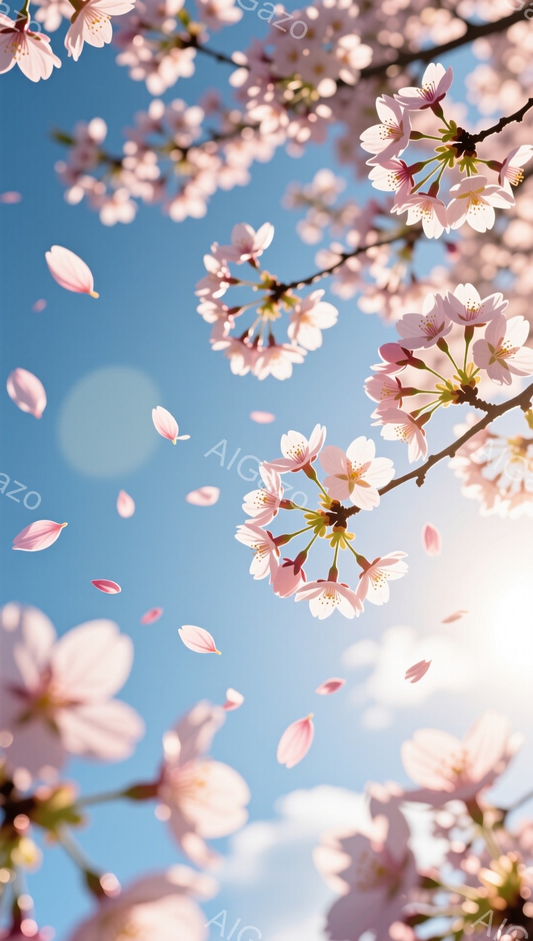桜の花びらが舞い散る空を背景に、満開の桜の枝が画面を埋め尽くしている。柔らかいピンク色の花びらが太陽の光を受けて輝き、春の暖かさと儚さを感じさせる。背景は明るい青空で、穏やかで希望に満ちた雰囲気が漂っ - AI生成フリー素材