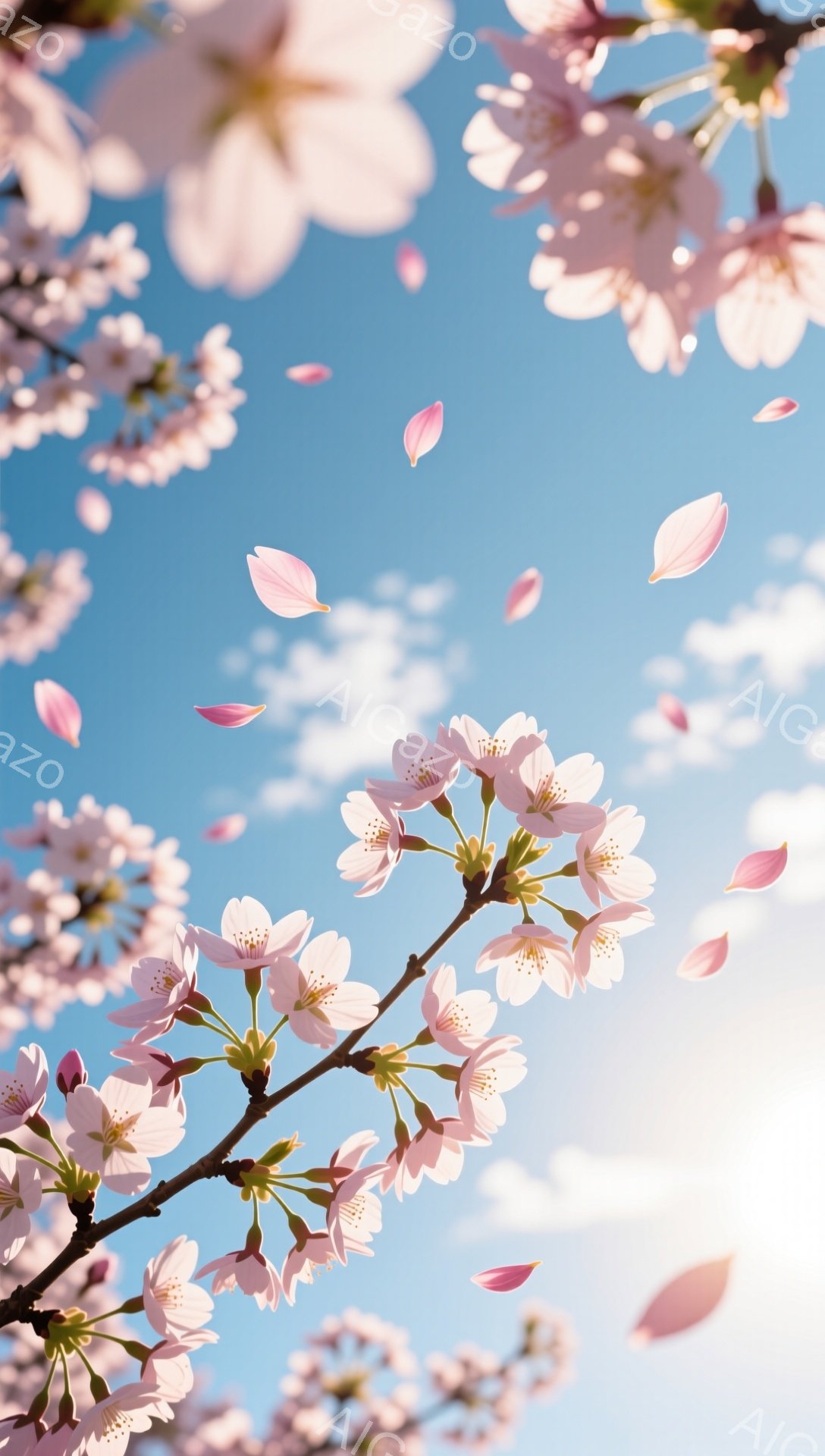 鮮やかな青空を背景に、桜の花びらが舞い散る様子が描かれています。 枝にはピンク色の可愛らしい桜の花が咲き誇り、一部の花びらは風に吹かれて空中に散らばっています。 全体的に春の暖かく、優美な雰囲気が漂っています。