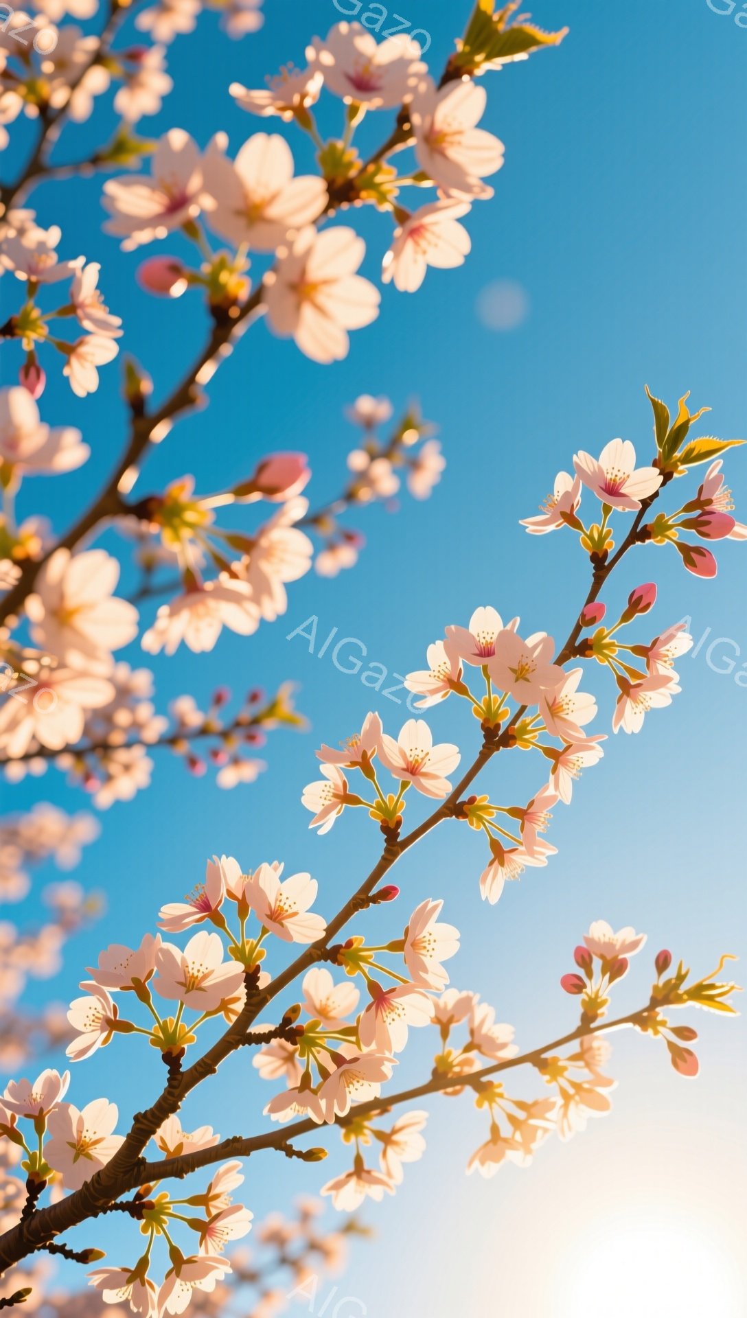 鮮やかな青空を背景に、桜の花びらが咲き誇る枝が画面いっぱいに広がっています。薄桃色の花びらは、春の暖かさと生命力を感じさせ、新緑の葉とのコントラストが美しいです。太陽の光が差し込み、花びらを優しく照ら - AI生成フリー素材