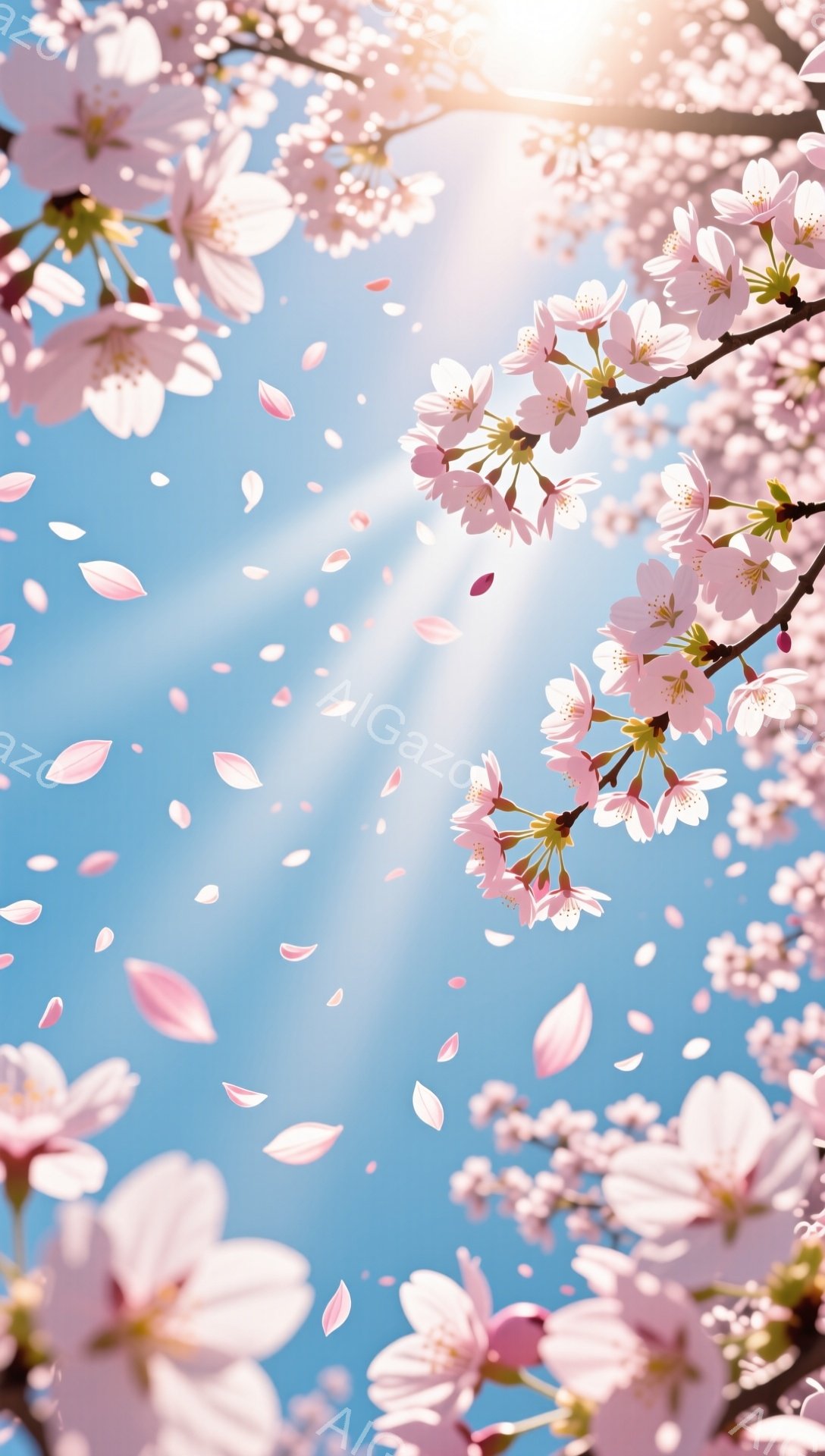 満開の桜の花びらが、青空を背景に舞い散っている様子が捉えられています。太陽の光が桜の花びらを照らし、春の暖かさと儚さを感じさせる美しい光景です。花びらは風に吹かれ、まるでピンク色の雪が降っているかのよ - AI生成フリー素材