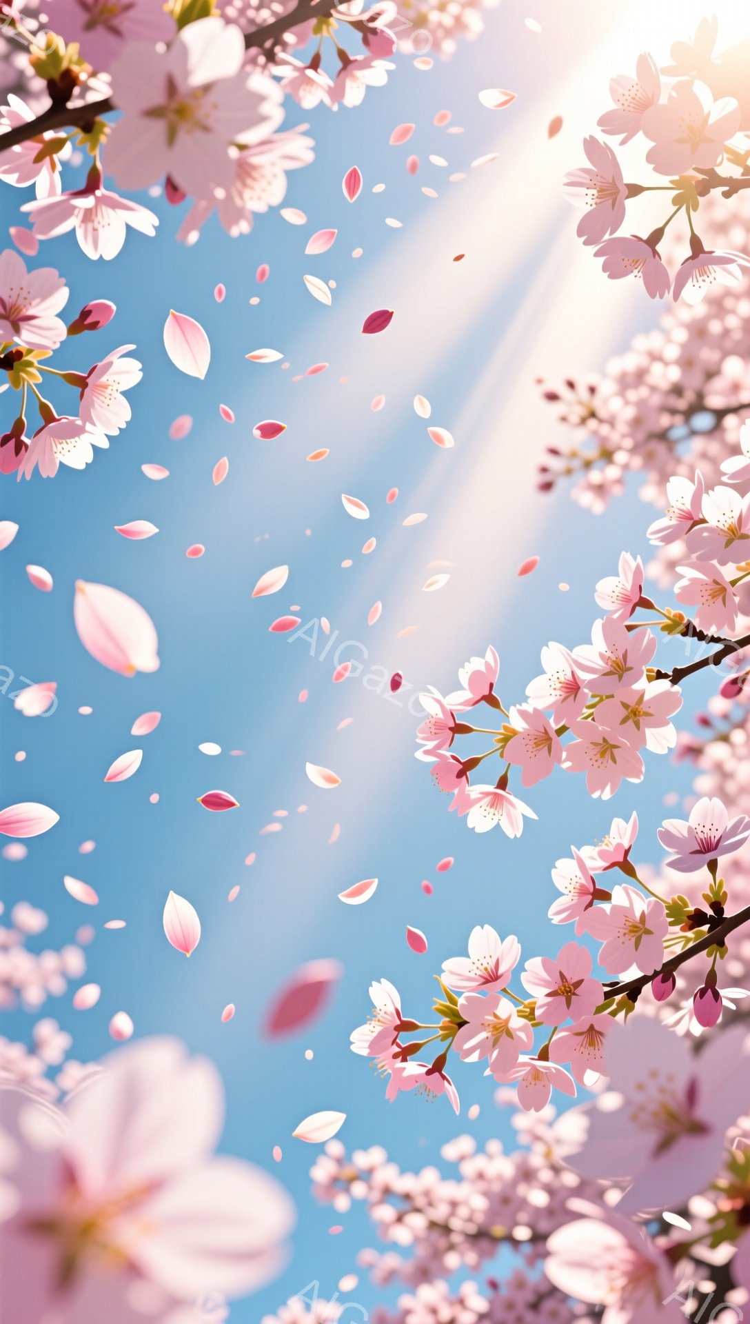 桜の花びらが舞い散る、春の美しい風景です。空は明るい水色で、太陽の光が花びらを通して差し込み、幻想的な雰囲気を醸し出しています。ピンク色の桜の花が咲き乱れ、まるで春の夢の中にいるようです。 - AI生成フリー素材
