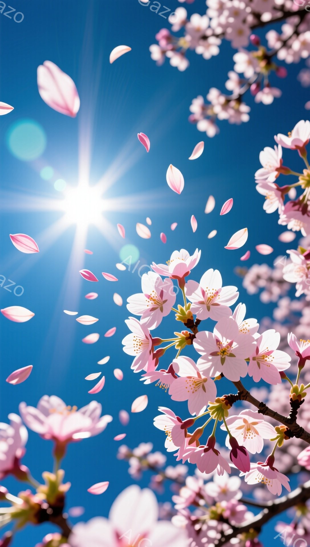 鮮やかな青空を背景に、桜の花びらが舞い散る様子が捉えられています。桜の枝は密集し、ピンク色の花が咲き誇り、春の訪れを告げています。太陽の光が花びらを照らし、明るく希望に満ちた雰囲気を醸し出しています。 - AI生成フリー素材
