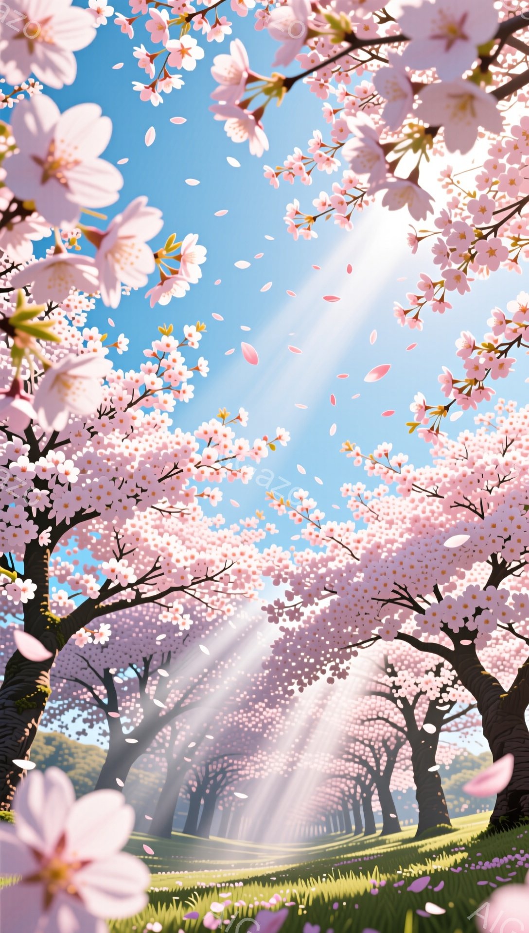 満開の桜並木が続く風景で、ピンク色の桜の花びらが空中に舞い、まるでトンネルのように咲き誇っています。太陽光線が桜の隙間から差し込み、地面には緑の芝生と花びらの絨毯が広がっています。暖かく穏やかな春の雰囲気で、心が安らぐ美しい光景です。