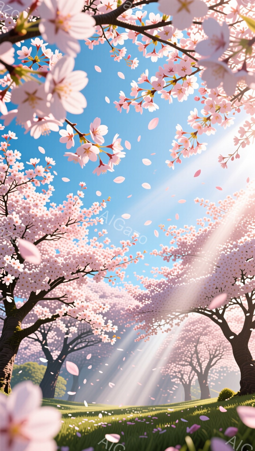桜並木が続く美しい風景で、満開の桜の花びらが空を舞っている。太陽の光が木々の間から差し込み、地面にはピンク色の花びらの絨毯が広がり、穏やかで幻想的な雰囲気を醸し出している。鮮やかな青空と緑の芝生が桜の - AI生成フリー素材