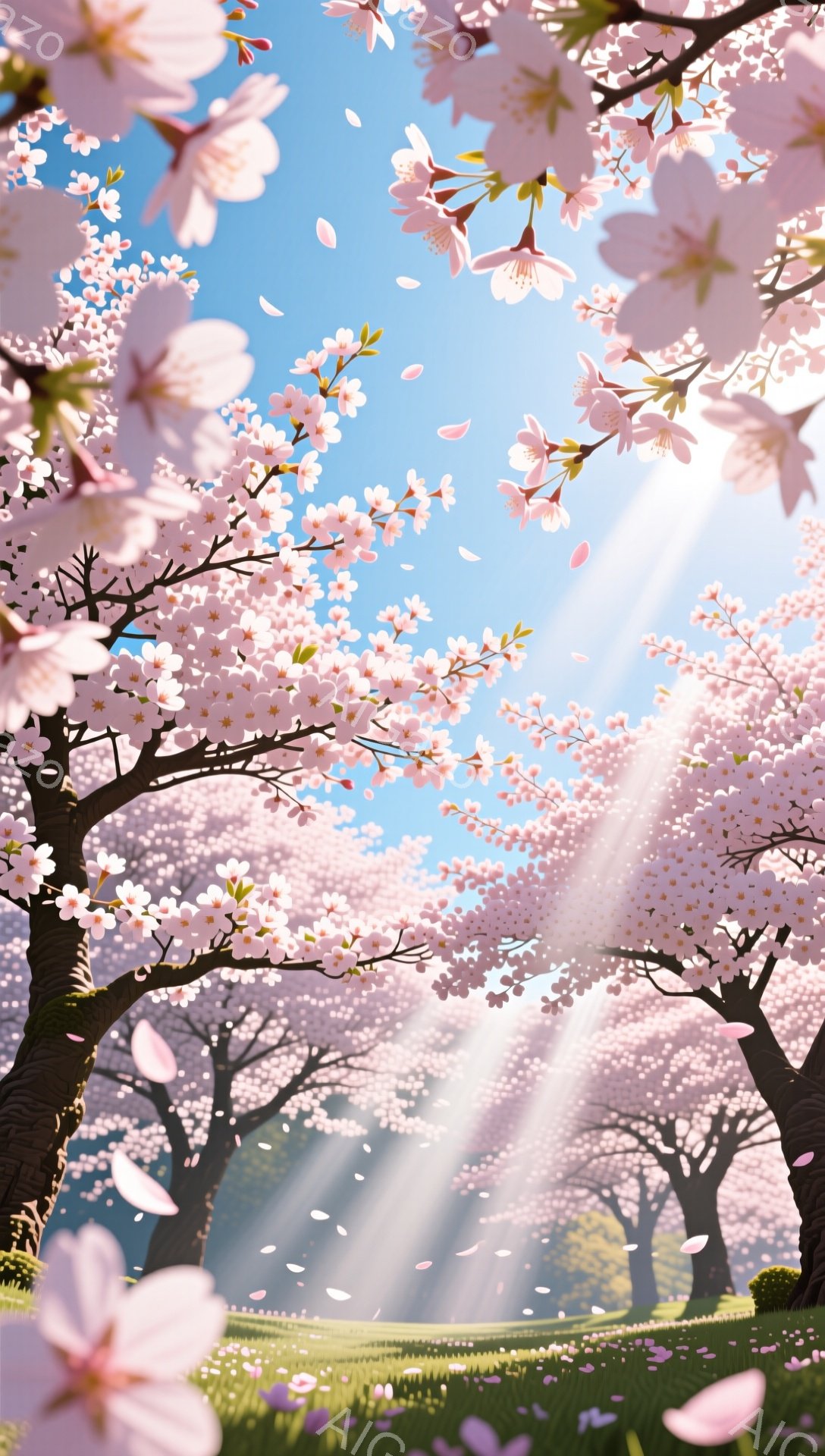 桜並木が広がり、花びらが舞い散る春の風景です。太陽の光が木々の間から差し込み、緑の草地を照らしています。全体的に暖かく、穏やかで幻想的な雰囲気が漂っています。 - AI生成フリー素材