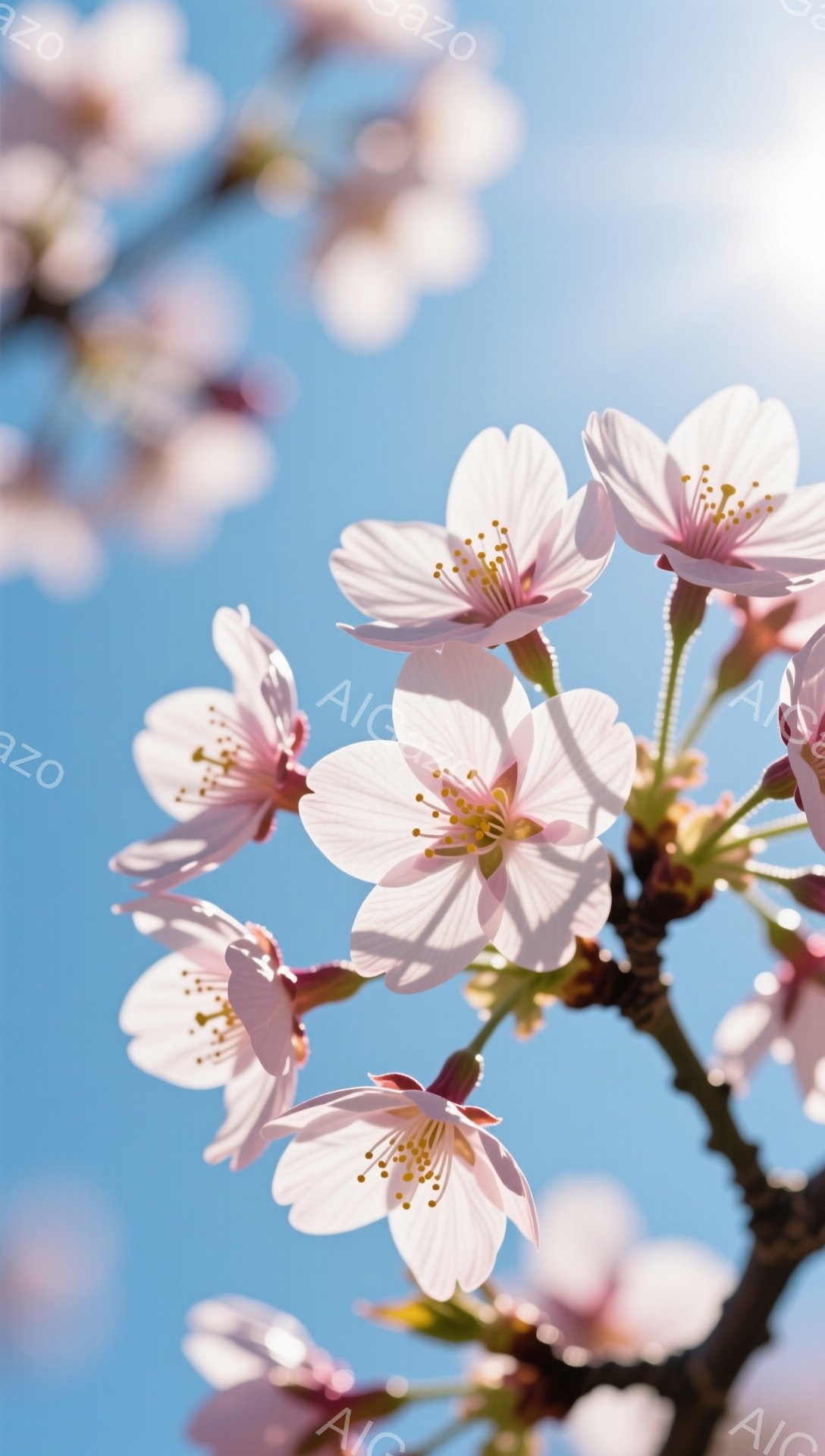 鮮やかな青空を背景に、桜の花が咲き乱れている様子が捉えられています。薄いピンク色の花びらは繊細で、中心には黄色い花粉が確認できます。太陽の光が差し込み、春の暖かさと生命力を感じさせる、美しい瞬間です。 - AI生成フリー素材