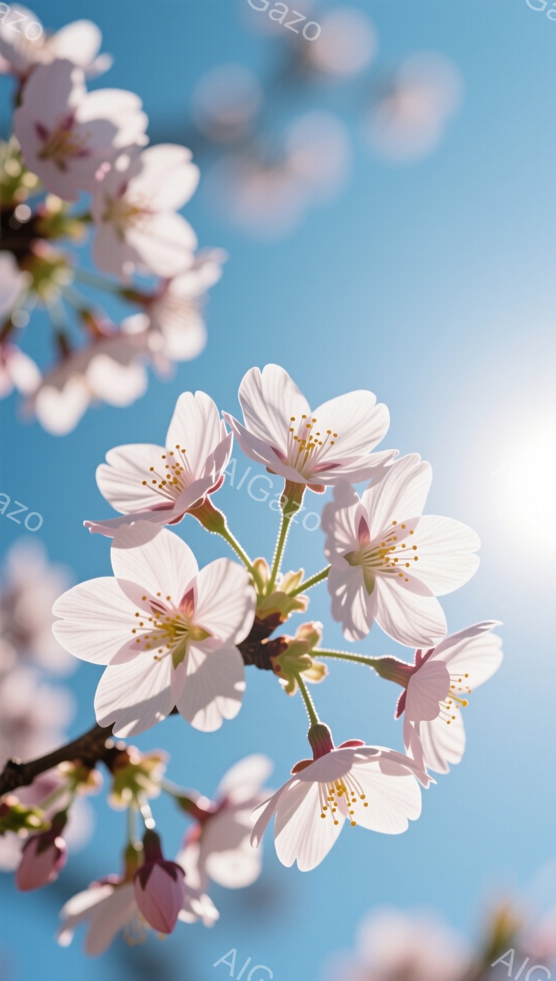 鮮やかな青空を背景に、桜の花が咲き誇る枝が写っている。花びらは白く、中心部に黄色い雄しべが覗き、春の暖かさと生命力を感じさせる。太陽の光が差し込み、桜の花を明るく照らし出し、穏やかで希望に満ちた雰囲気 - AI生成フリー素材