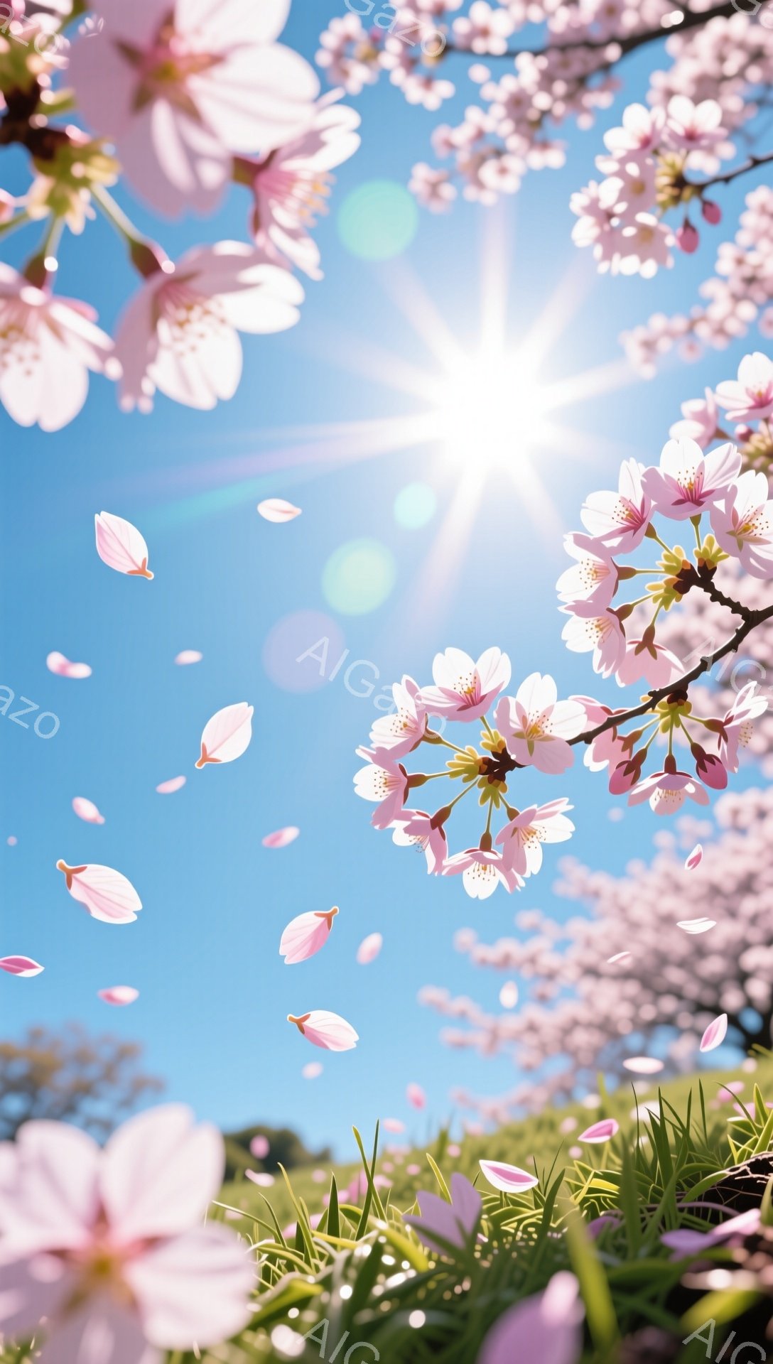 鮮やかな青空の下、桜の花びらが舞い散る春の風景が描かれています。ピンク色の桜の花は満開で、緑の草むらと空とのコントラストが美しいです。太陽の光が花びらを照らし、暖かく穏やかな雰囲気を醸し出しています。 - AI生成フリー素材