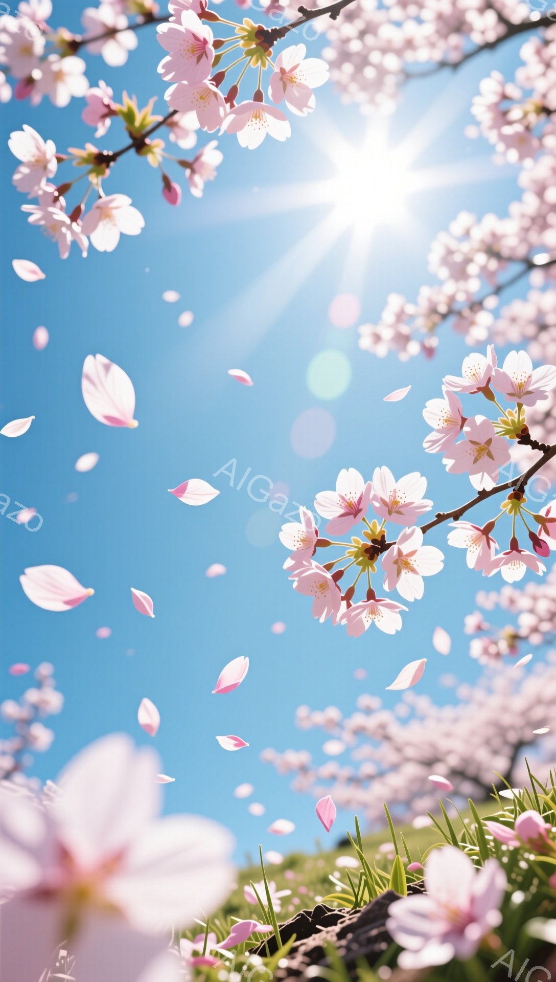 鮮やかな青空を背景に、桜の花びらが舞い散る様子が描かれています。 桜の枝は画面の上部から伸びており、ピンク色の花が満開で、一部の花びらは風にのって空中に漂っています。 地面には緑の草が生え、春の暖かく - AI生成フリー素材