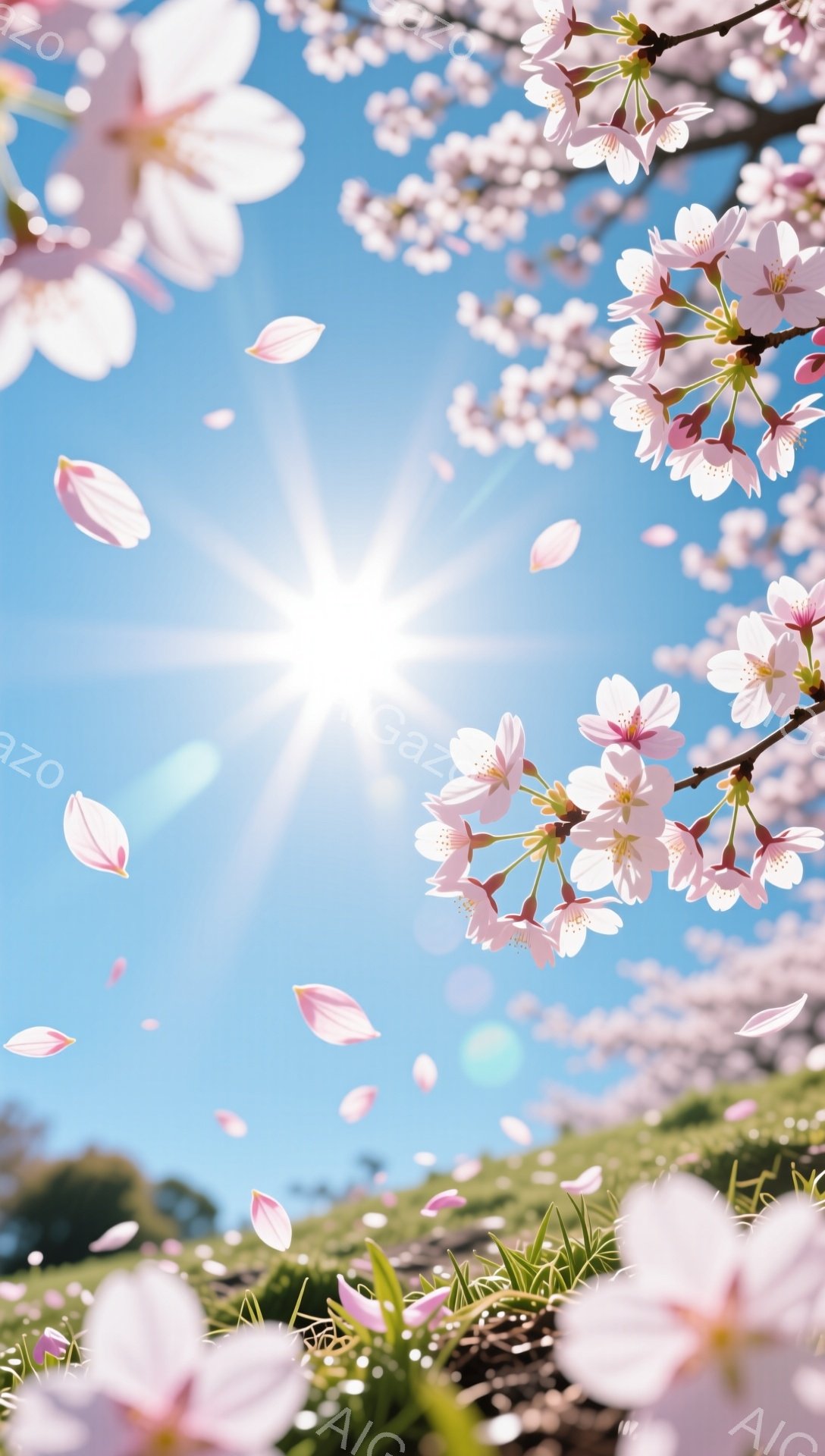 鮮やかな青空の下、桜の花びらが舞い散る風景が広がっている。桜の木は満開で、ピンク色の花が太陽の光を浴びて輝いている。緑の草むらが広がり、春の暖かさと穏やかな雰囲気が感じられる。