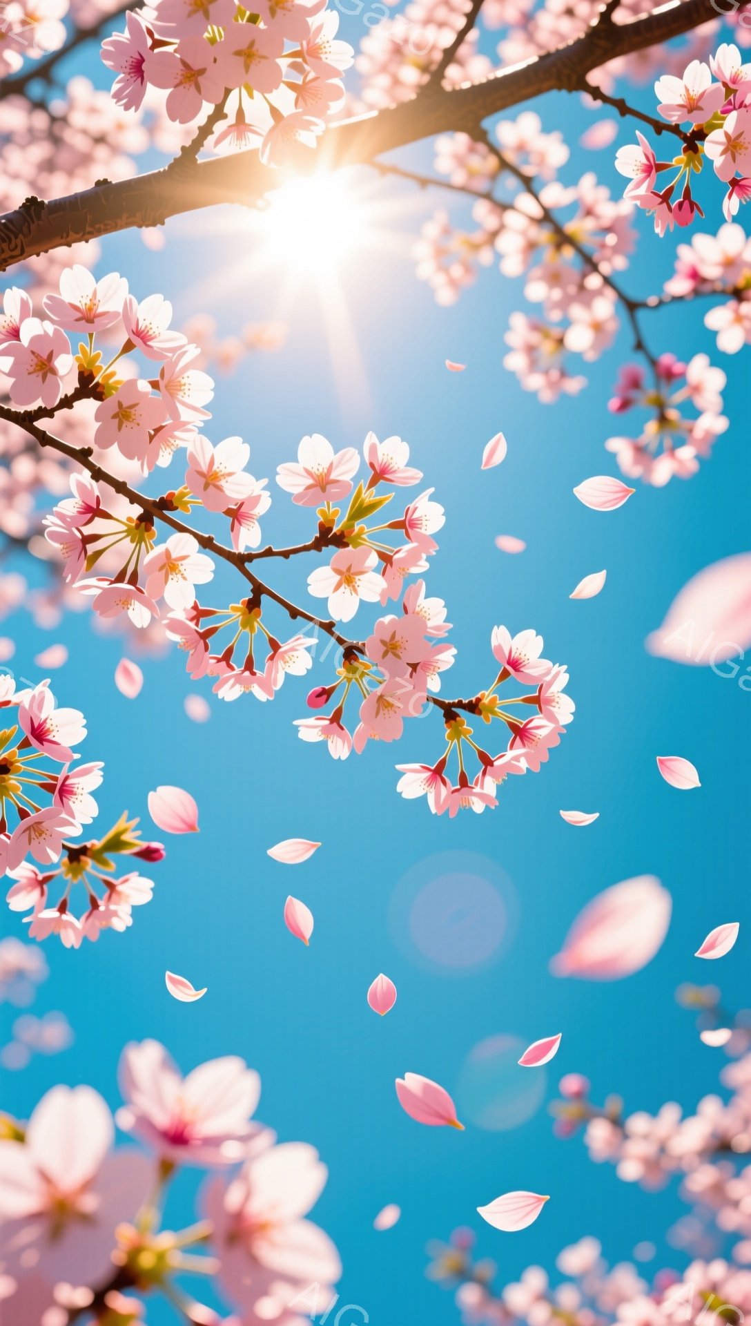鮮やかな青空を背景に、桜の花びらが舞い散る様子が捉えられています。桜の枝は画面全体に広がり、満開の桜の花が太陽の光に照らされています。花びらは風に吹かれて空中に漂い、春の暖かさと儚さを感じさせる、美しい情景です。