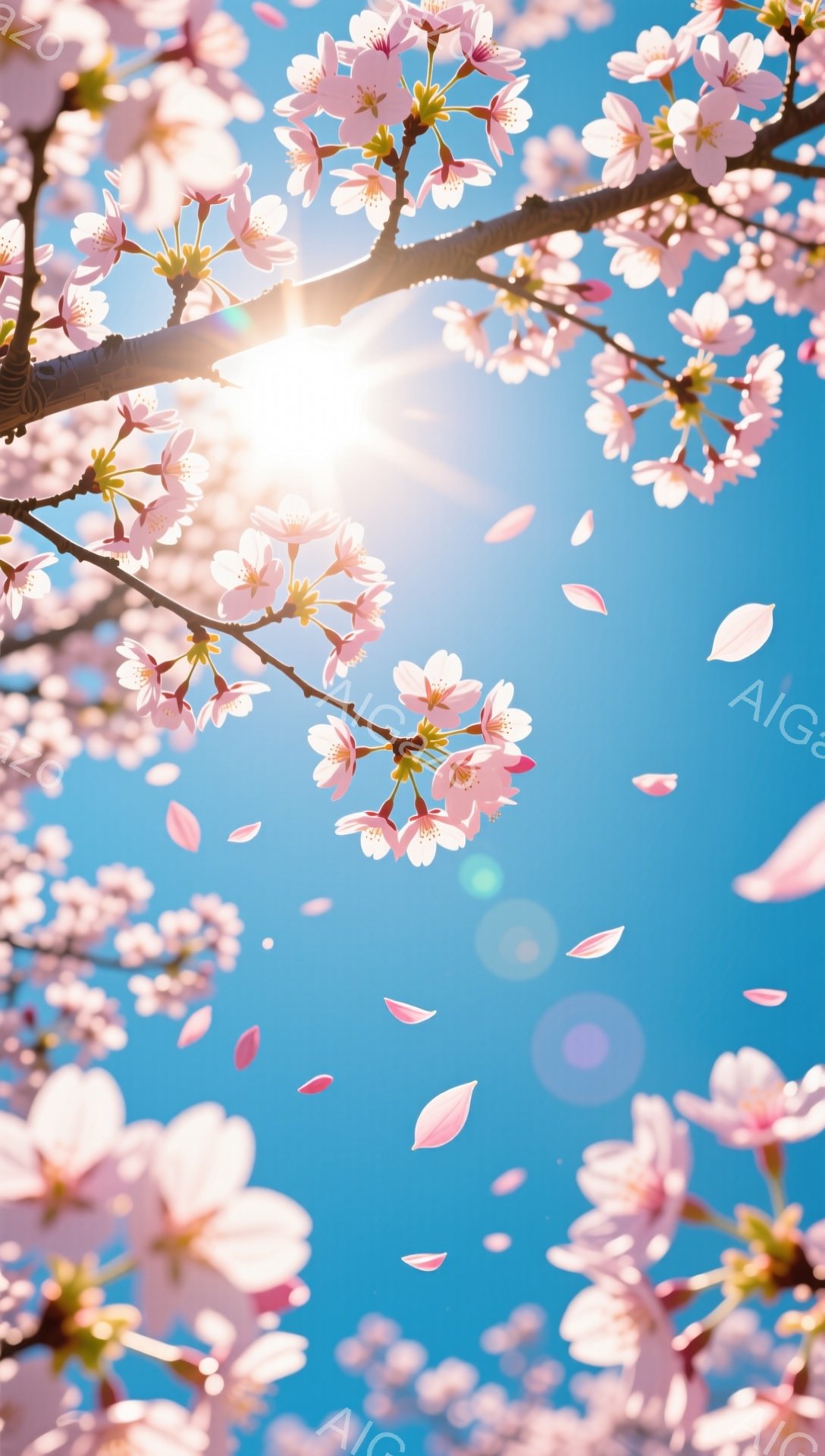 鮮やかな青空を背景に、桜の花びらが舞い散る様子が捉えられています。 枝にはピンク色の美しい桜の花が満開で、太陽の光が花びらを照らし、幻想的な雰囲気を醸し出しています。 花びらは優雅に空中に漂い、春の暖 - AI生成フリー素材