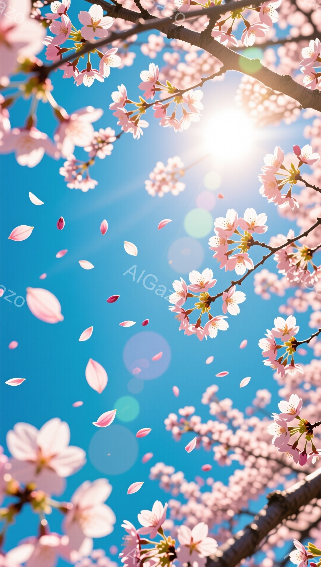 桜の花びらが舞い散る、春の風景が描かれています。鮮やかな青空を背景に、ピンク色の桜の花が咲き誇り、まるで花びらのシャワーのようです。太陽の光が差し込み、春の暖かさと生命力を感じさせる、幻想的な雰囲気で - AI生成フリー素材