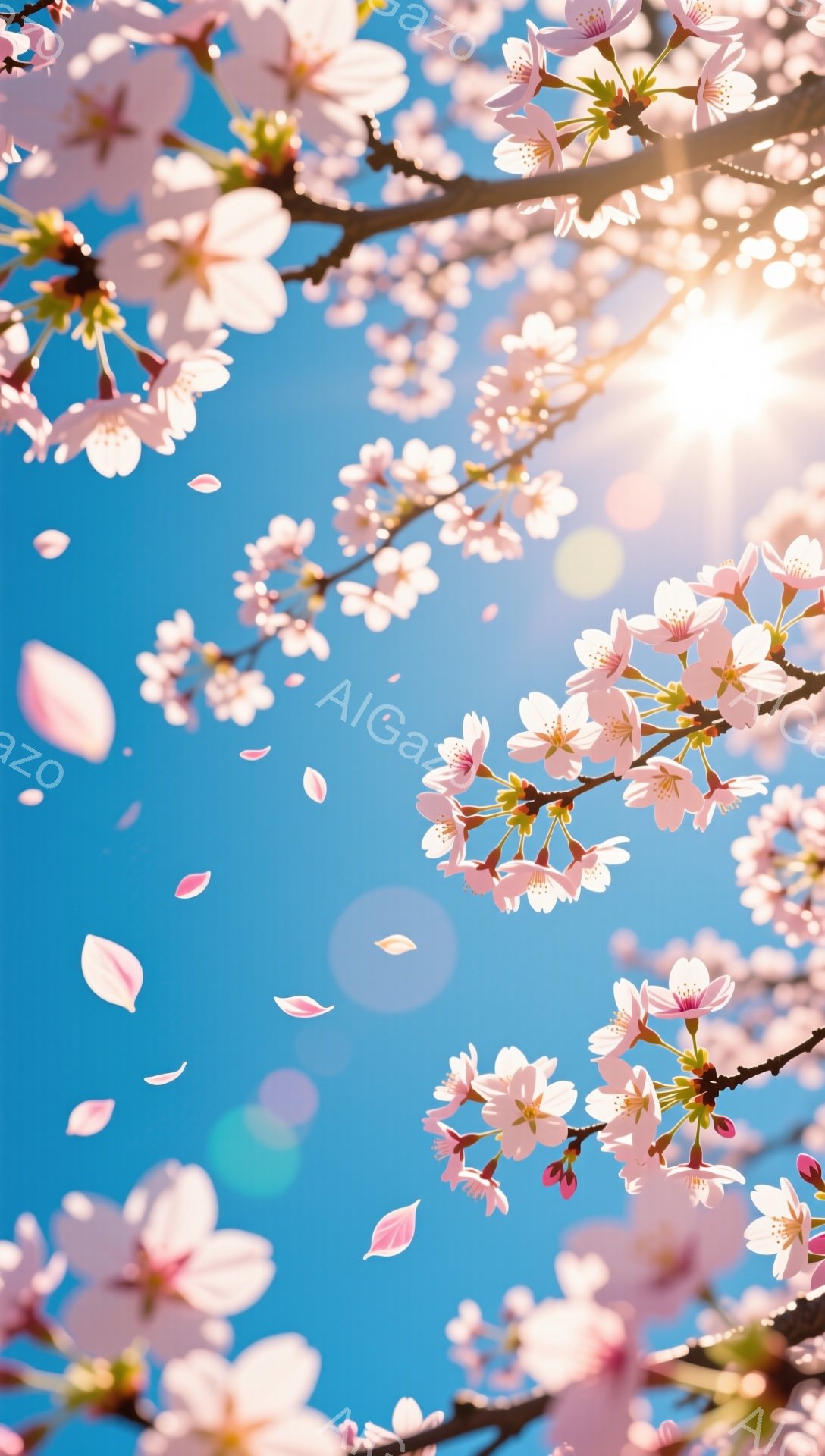 桜の花びらが舞い散る、鮮やかな青空を背景にした美しい風景です。薄ピンク色の桜の花が枝いっぱいに咲き誇り、光の粒子がキラキラと輝いています。春の暖かさと希望を感じさせる、穏やかで幻想的な雰囲気です。 - AI生成フリー素材