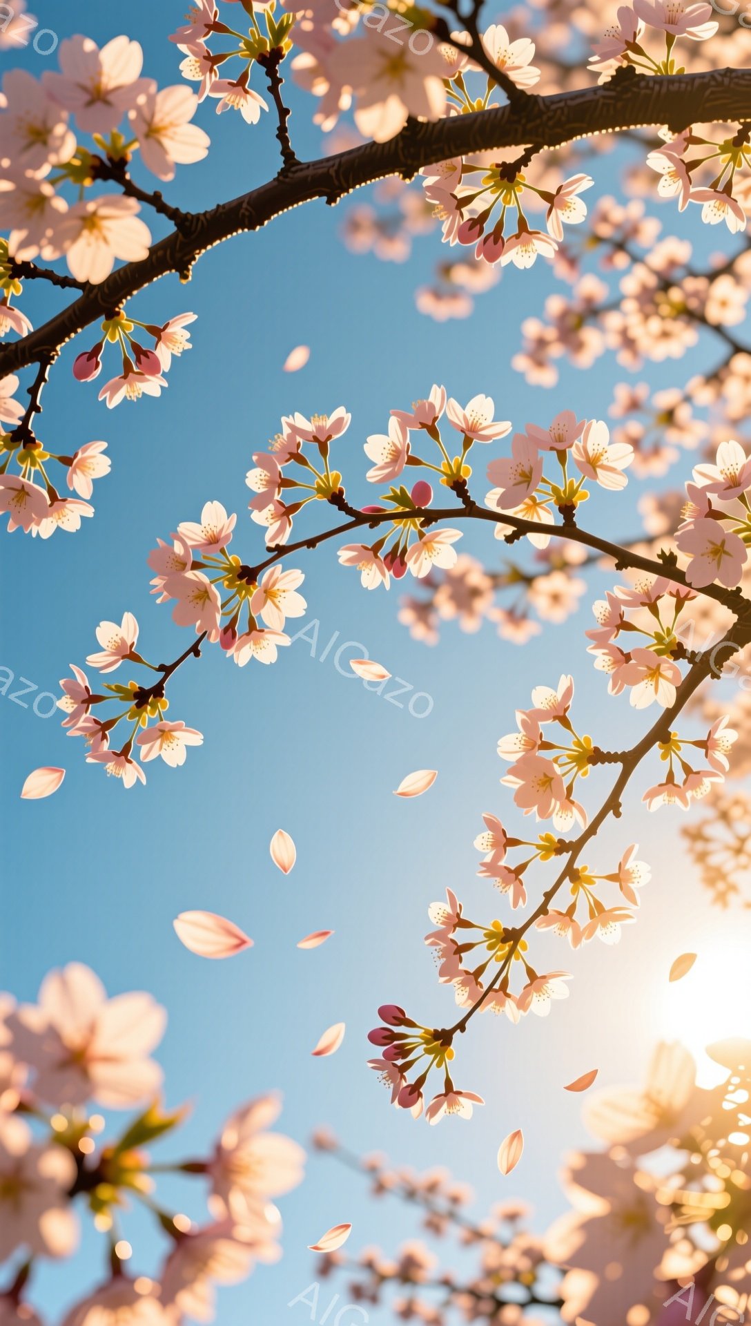 空は明るい水色で、太陽が輝き、桜の花びらが舞い散っている様子が捉えられています。 桜の枝は画面の上部と側面から伸びており、ピンク色の花が密集して咲き誇っています。 全体的に、春の暖かく穏やかな、希望に - AI生成フリー素材