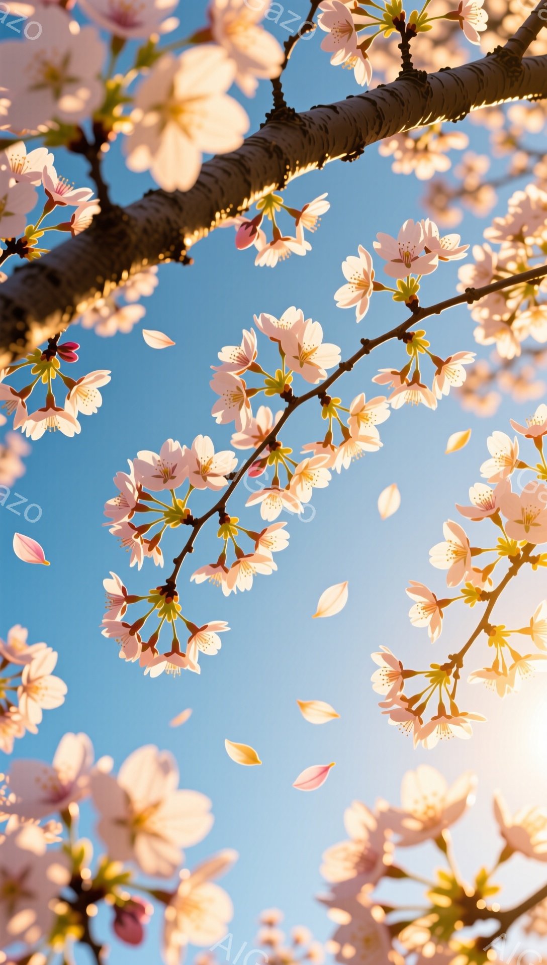 桜の枝が空いっぱいに広がり、淡いピンク色の花びらが舞い散っている様子が捉えられています。青空を背景に、太陽の光が花びらを照らし、春の暖かさと穏やかさを表現しています。全体的に明るく、幻想的な雰囲気が漂っています。