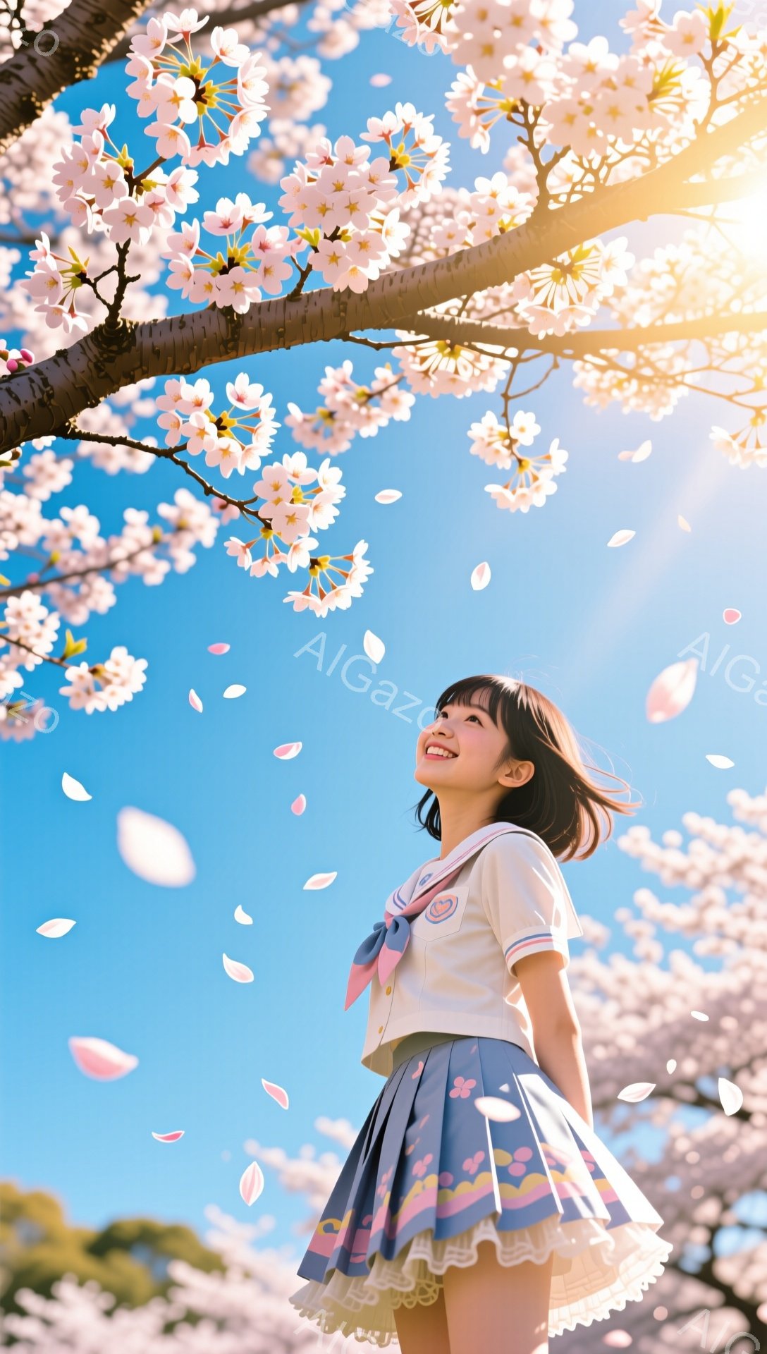 少女は桜の花びらが舞う中で、空を見上げて微笑んでいる。紺色と水色のプリーツスカート、白いブラウス、赤いリボンが結ばれた制服を着ており、髪は肩までの長さで少しカールしている。背景には満開の桜の木々と青空 - AI生成フリー素材