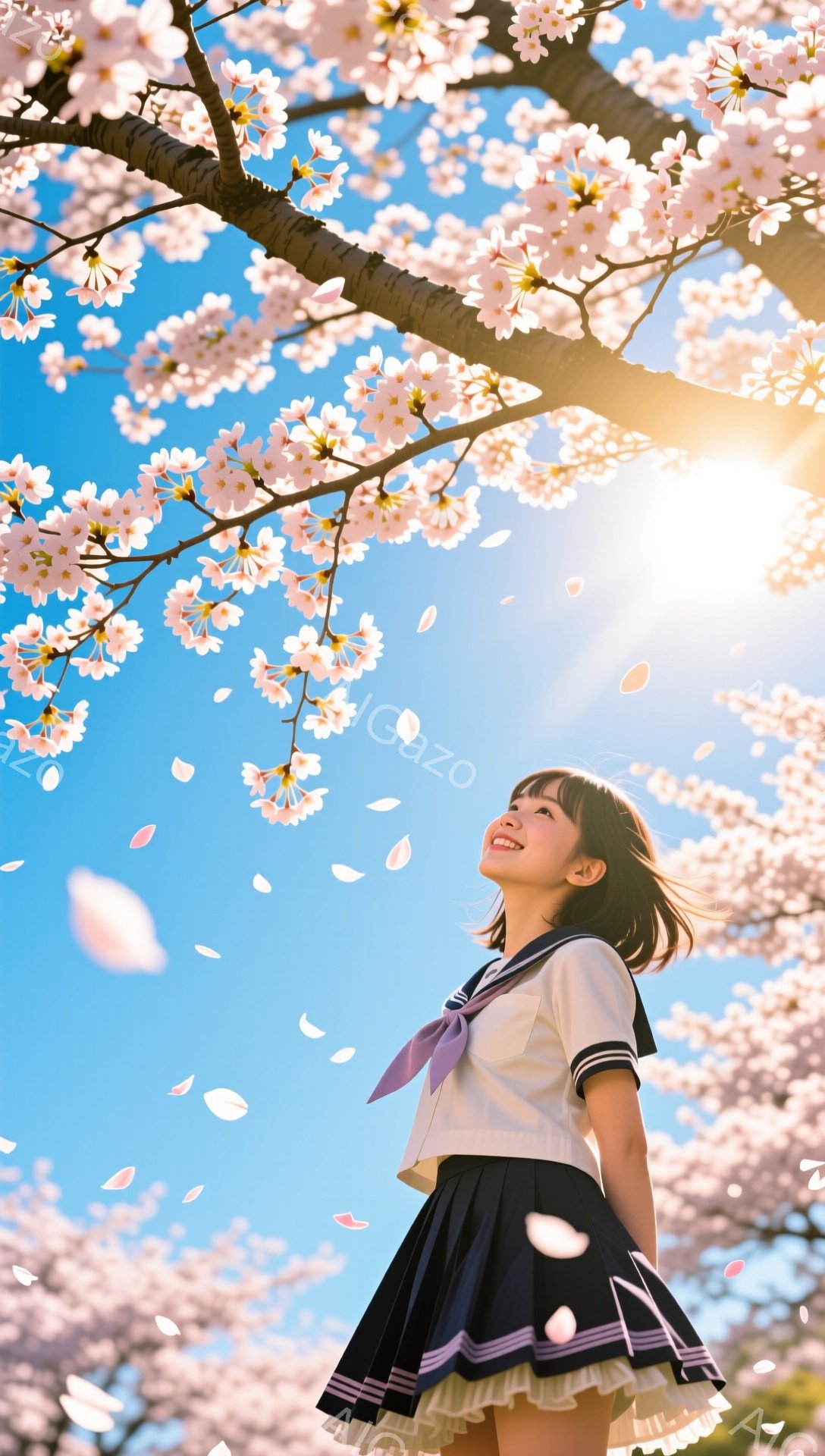 少女は紺色のセーラー服を着て、桜の花びらが舞う中で空を見上げています。彼女は短い茶色の髪をしており、明るい笑顔を浮かべています。背景には満開の桜並木が広がり、青空の下で春の暖かさを感じさせる美しい光景 - AI生成フリー素材