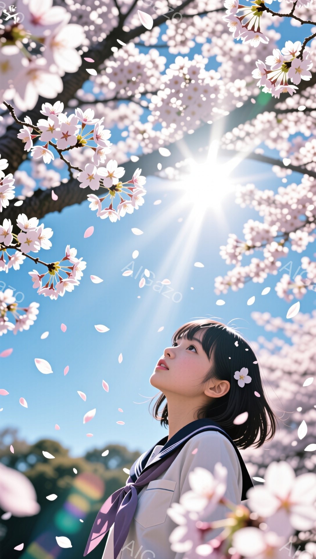 黒髪の少女が桜並木の下で空を見上げています。セーラー服を着ており、髪には白い花飾りをつけています。桜の花びらが舞い散り、晴れた空と桜のコントラストが春の暖かく美しい雰囲気を醸し出しています。 - AI生成フリー素材