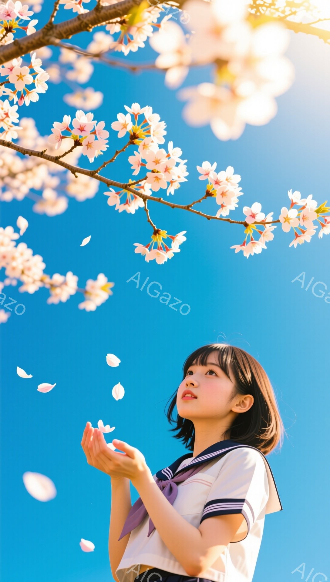 短い茶色の髪で、前髪は眉毛にかかるようにカットされた若い女性が写っています。彼女はセーラー服を着て、顔は上を見上げており、桜の花びらが舞い落ちる様子を捉えています。背景は鮮やかな青空で、桜の枝が頭上に - AI生成フリー素材